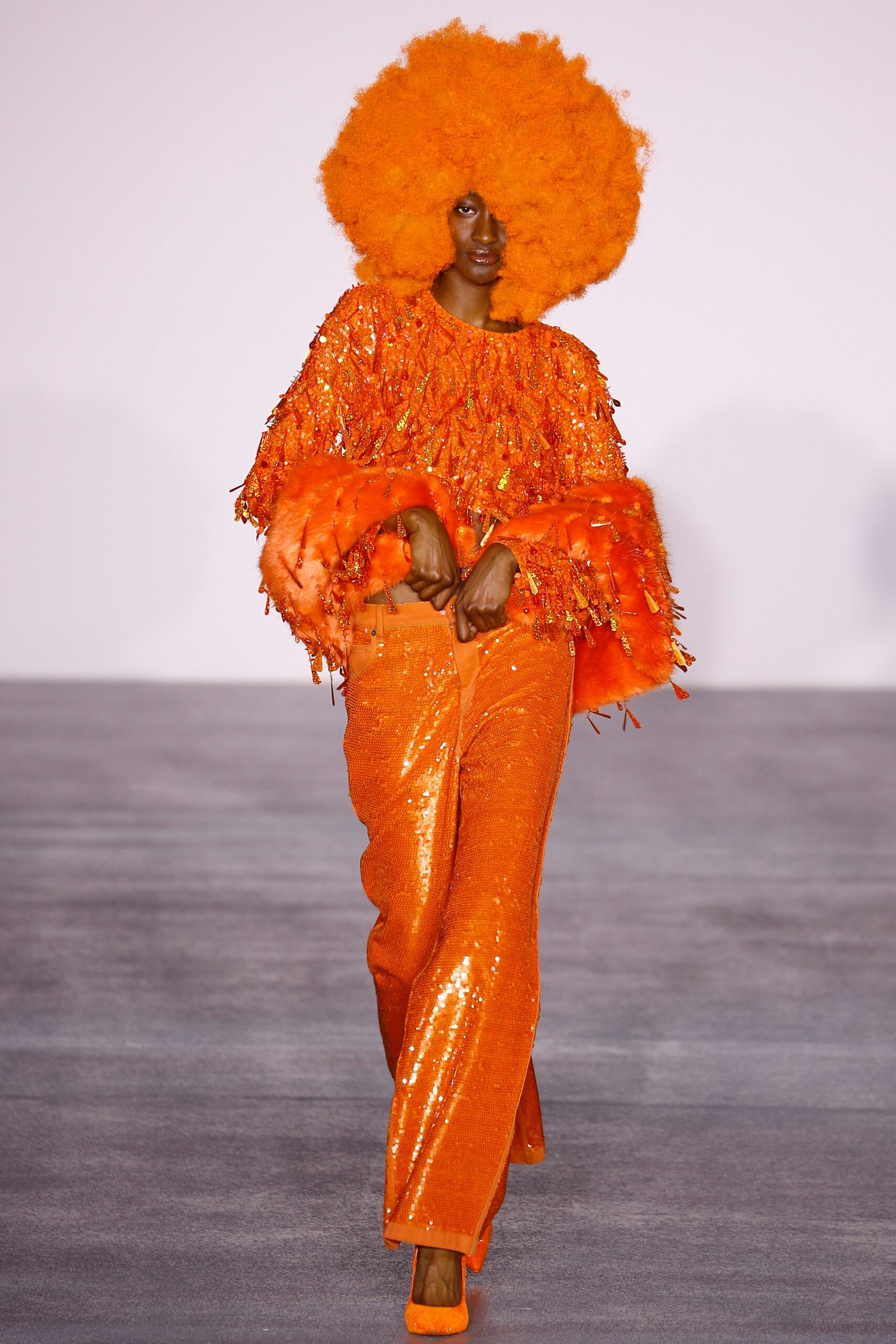orange sequin long-sleeve fitted fringed shiny top