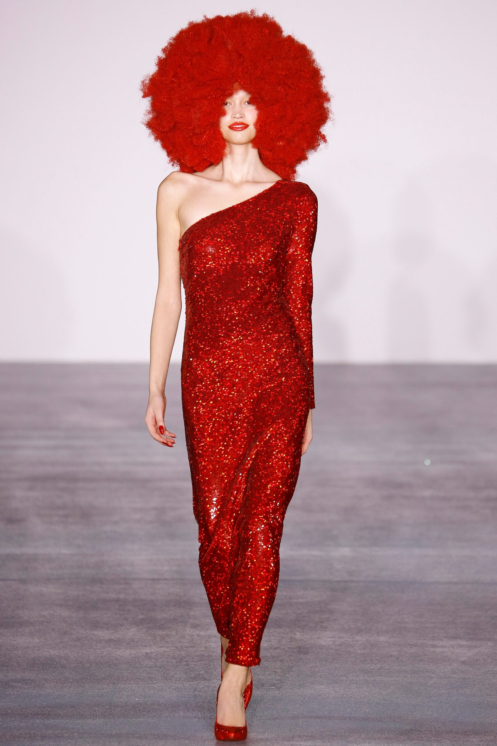 red sequin off-shoulder gown