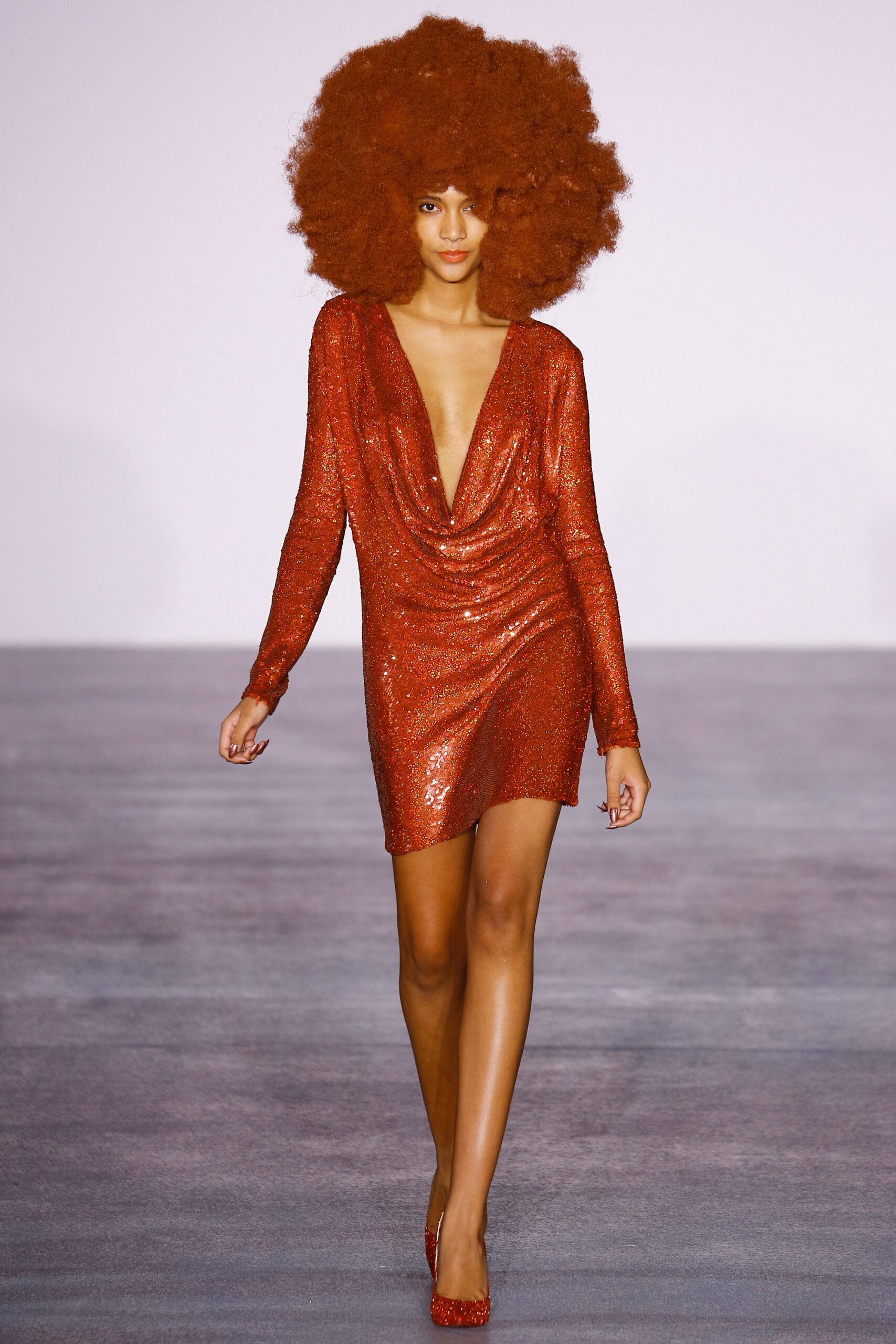 red sequin long-sleeve v-neck fitted draped shiny dress