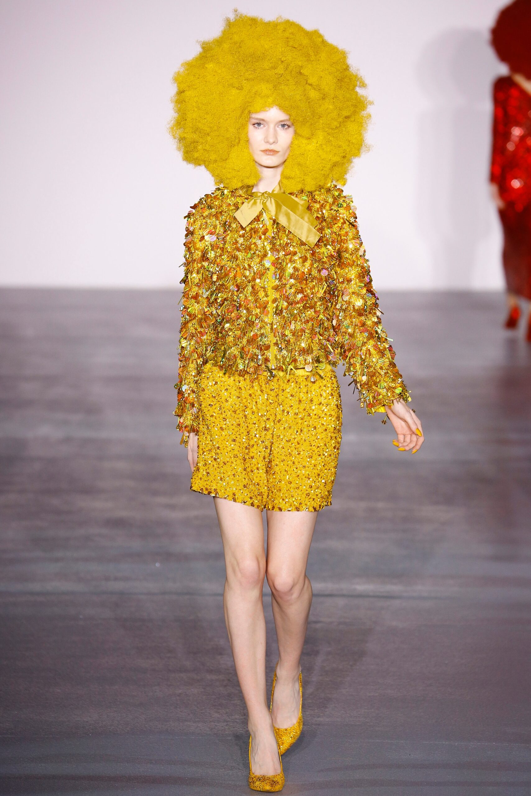 yellow silk long-sleeve collared fitted ruffled embellished jacket