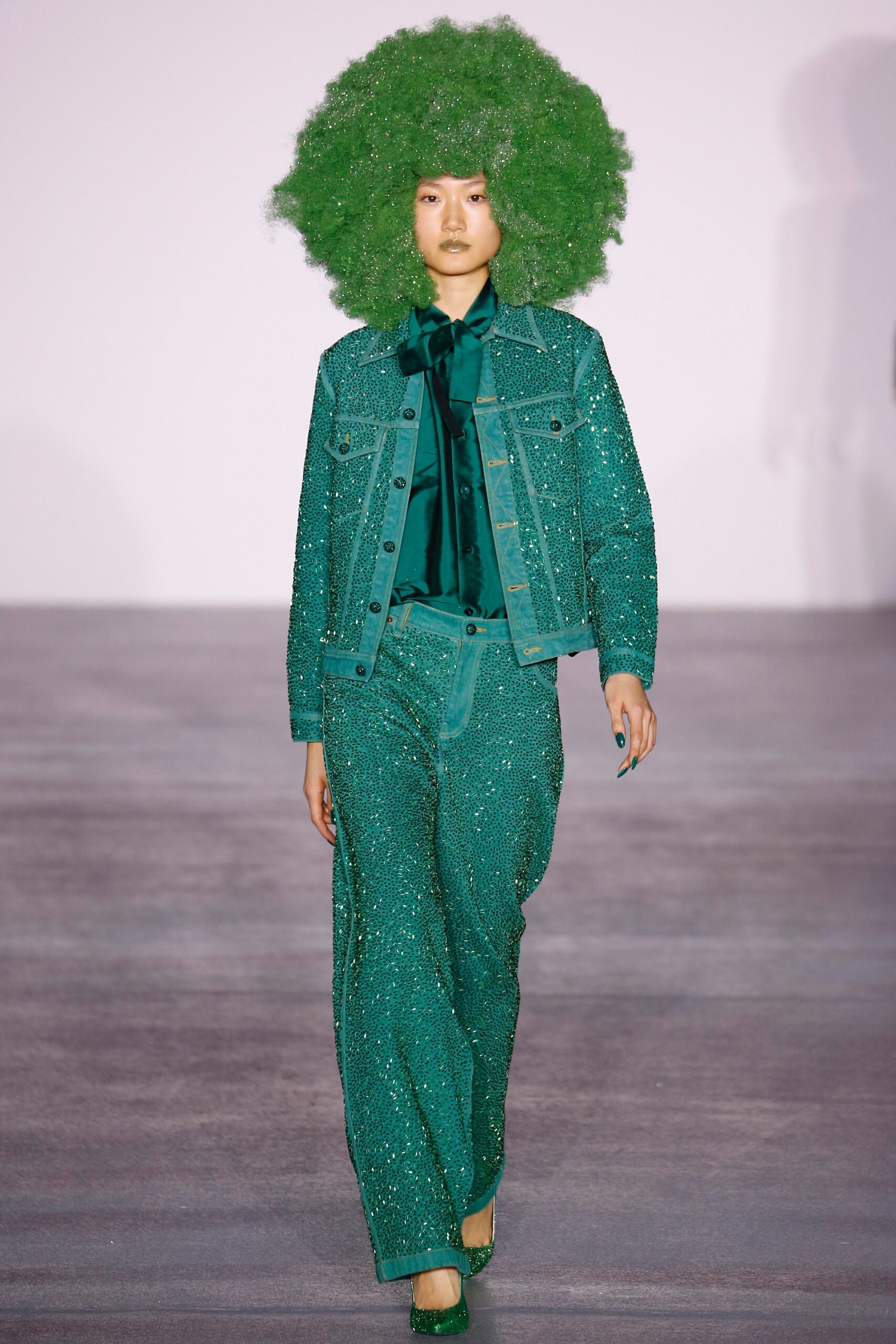 green denim long-sleeve collared fitted buttoned embellished jacket