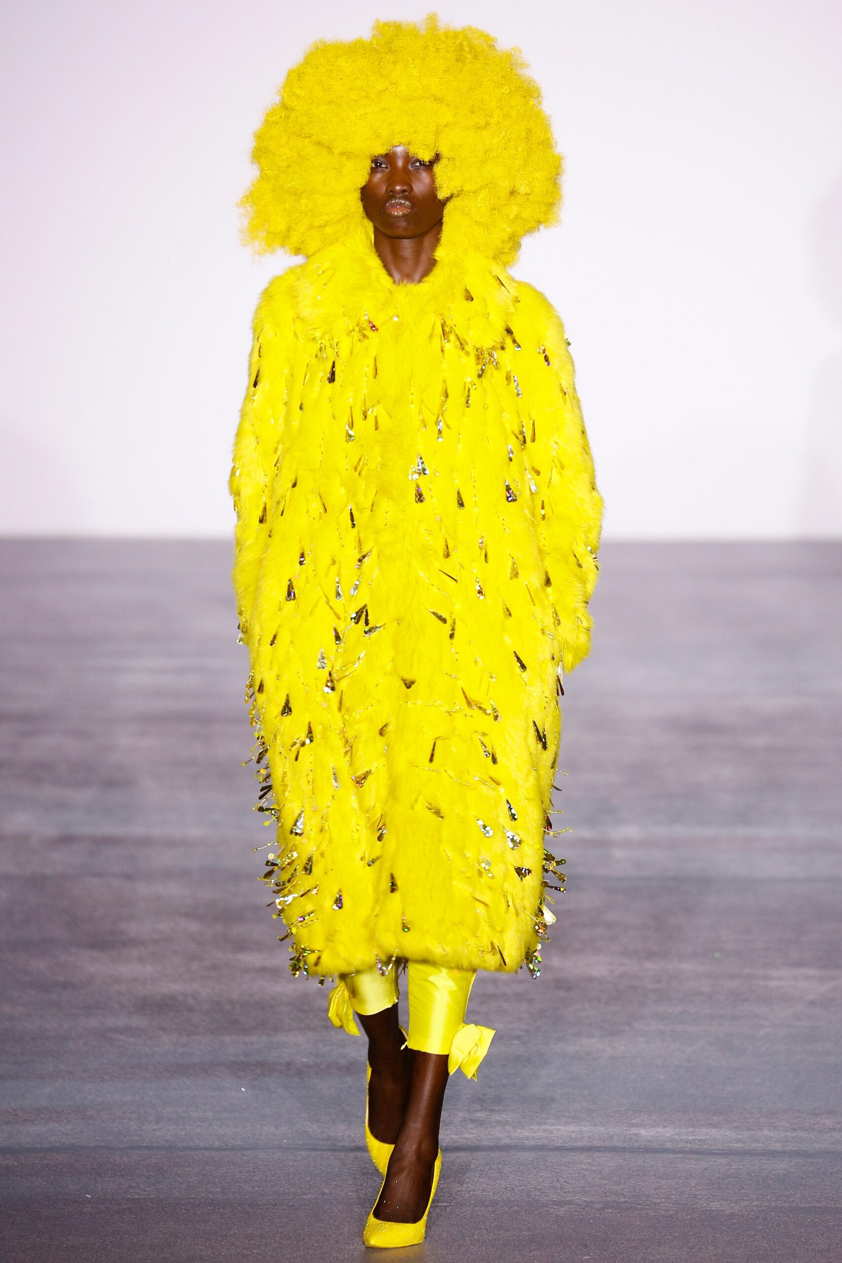 yellow oversized fur coat