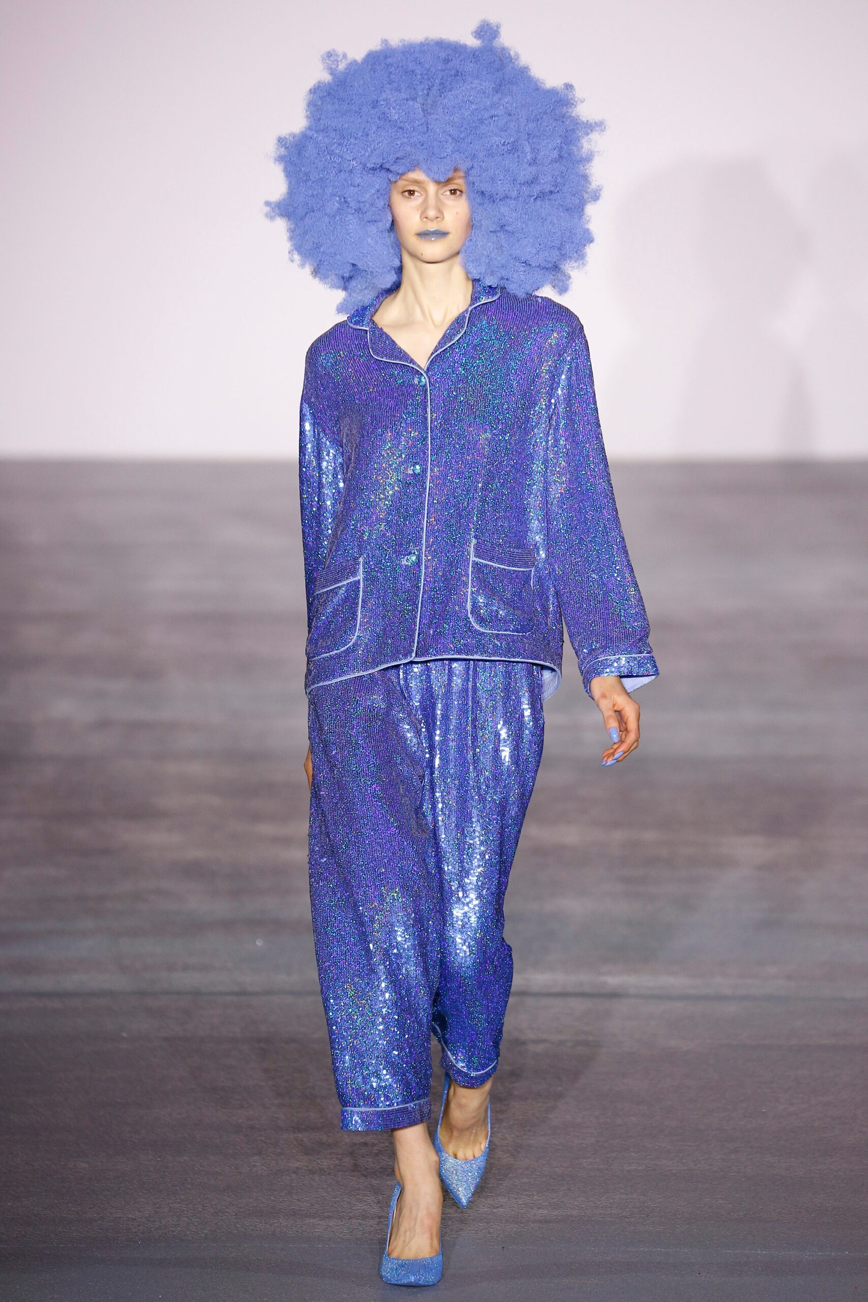 blue sequin shirt and pants