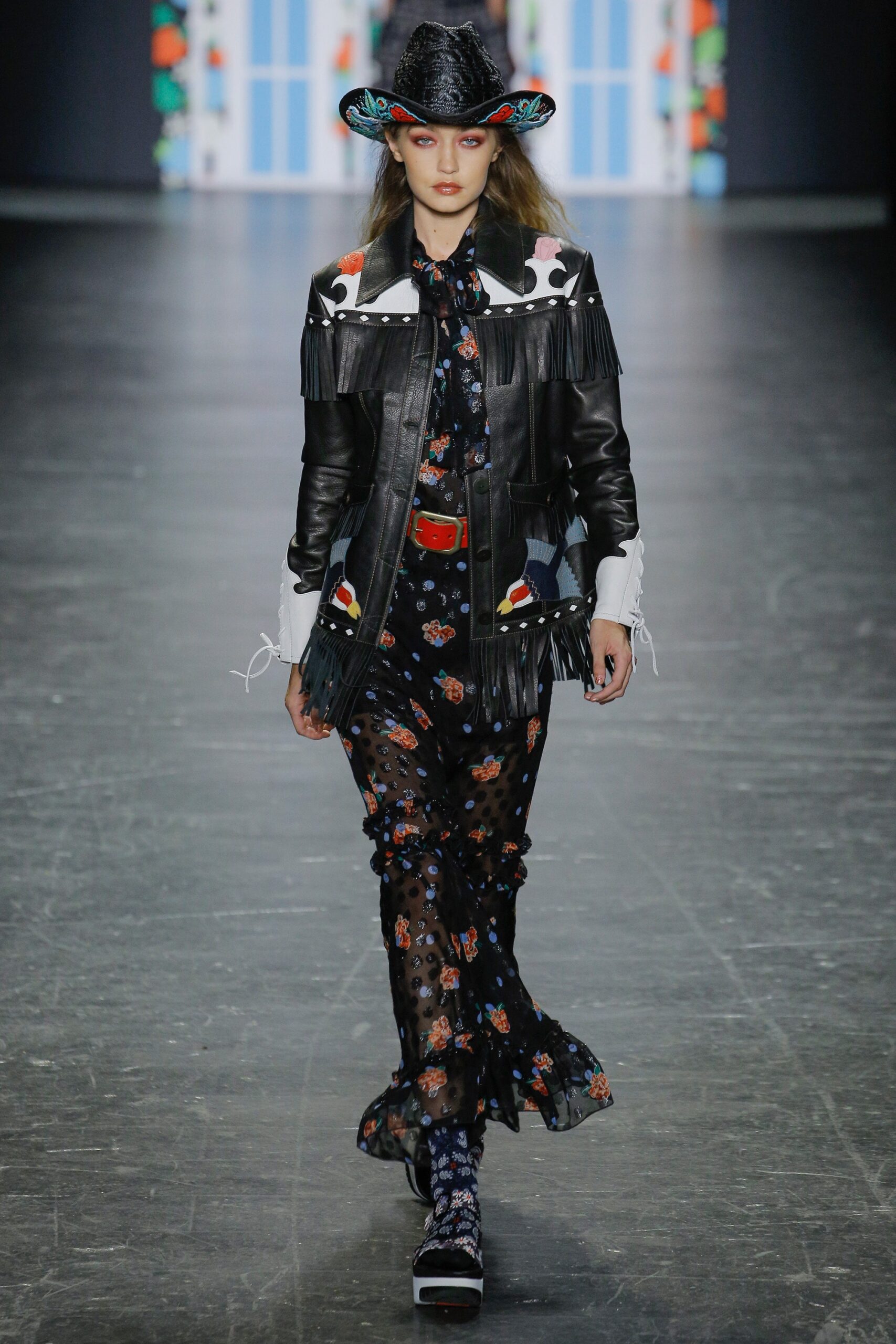 black floral midi dress with leather jacket