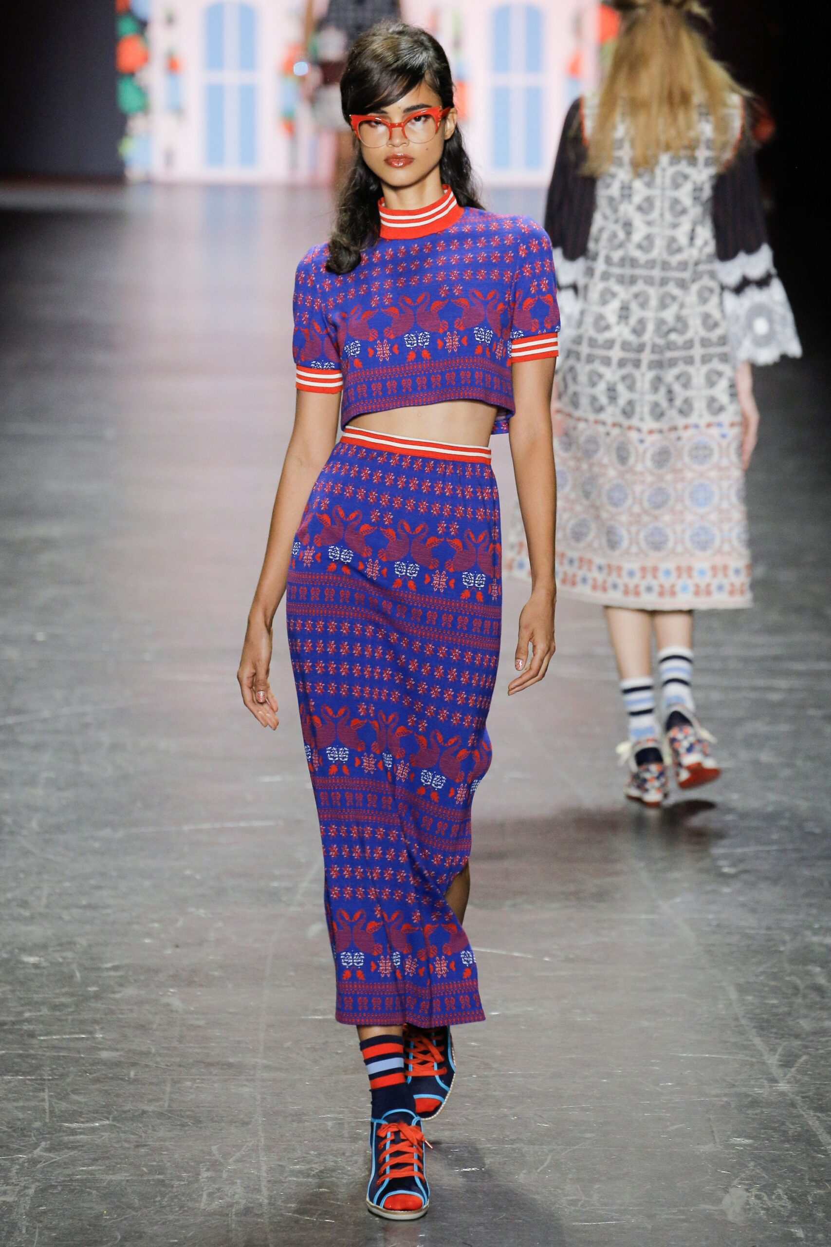 blue and red printed crop-top and skirt