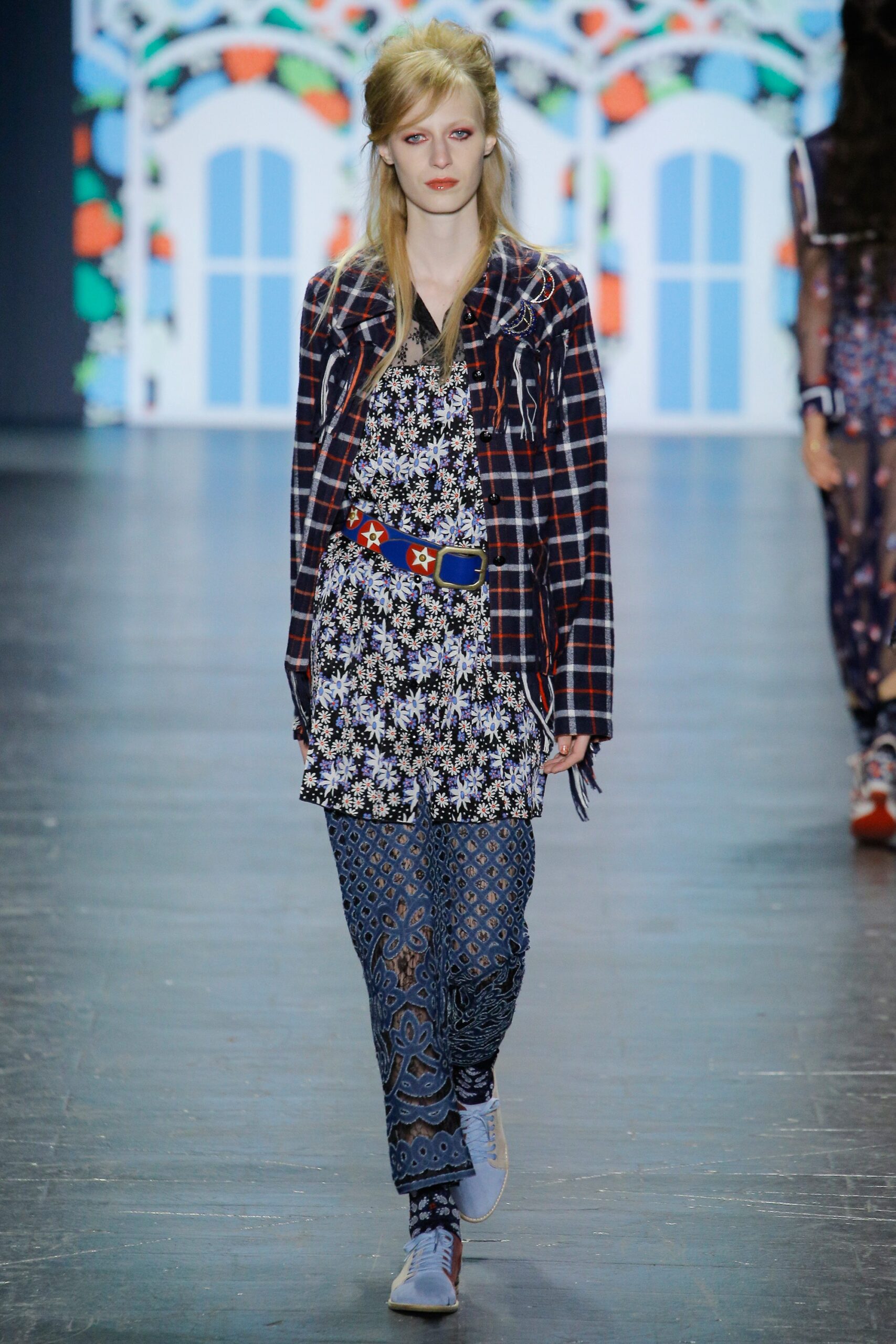 floral mini dress with checked jacket