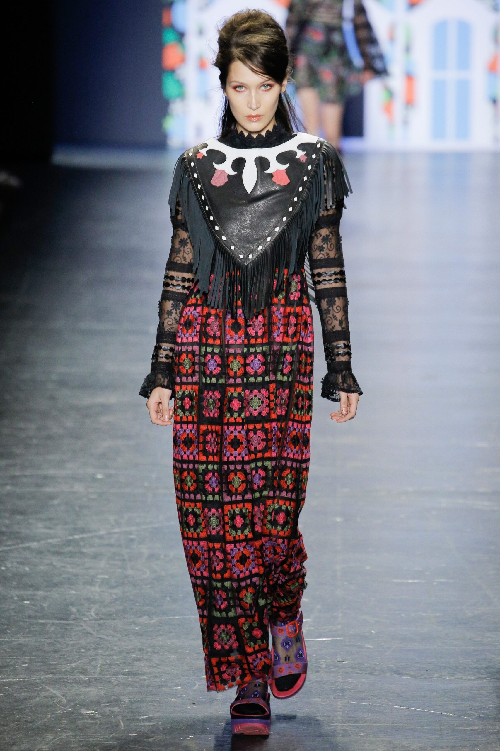 embroidered maxi dress with leather jacket