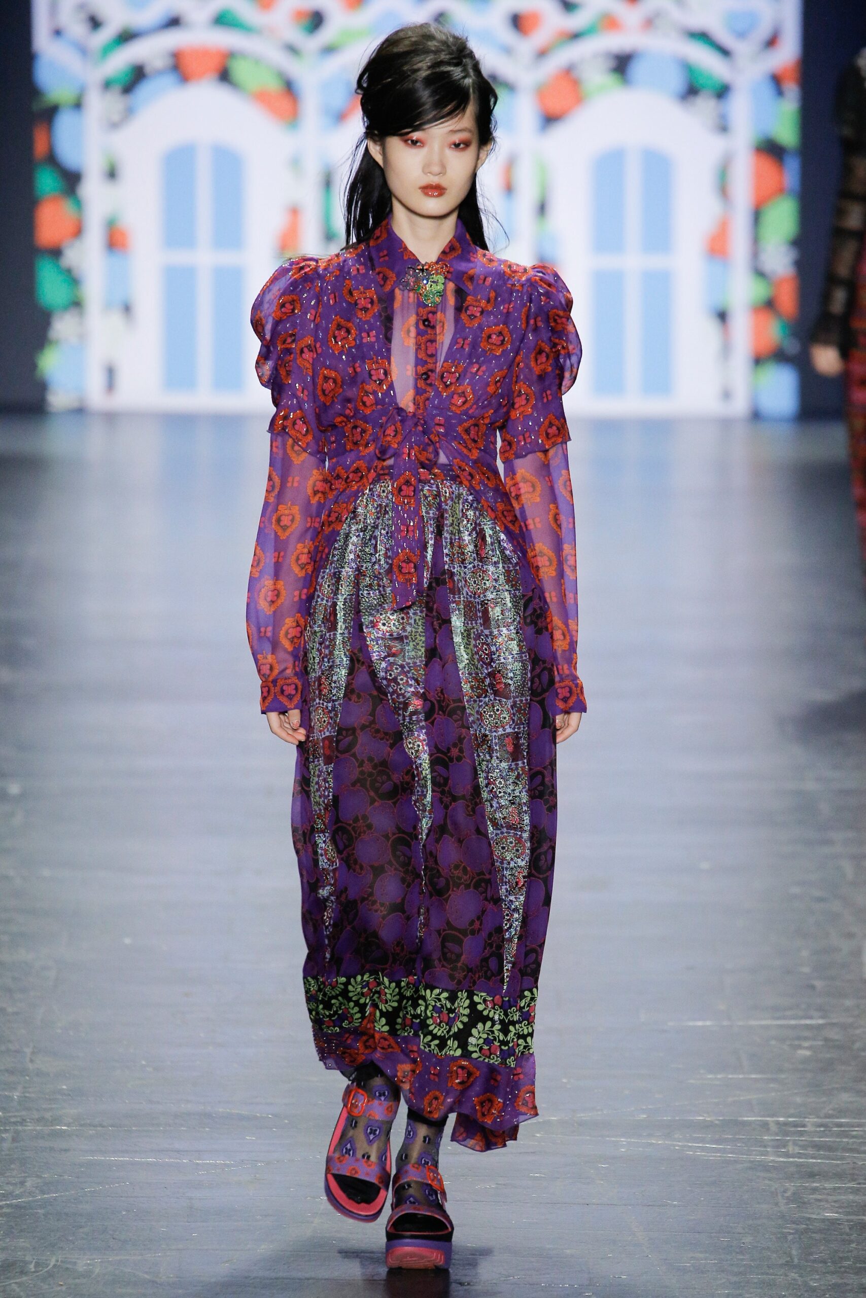 purple printed midi dress
