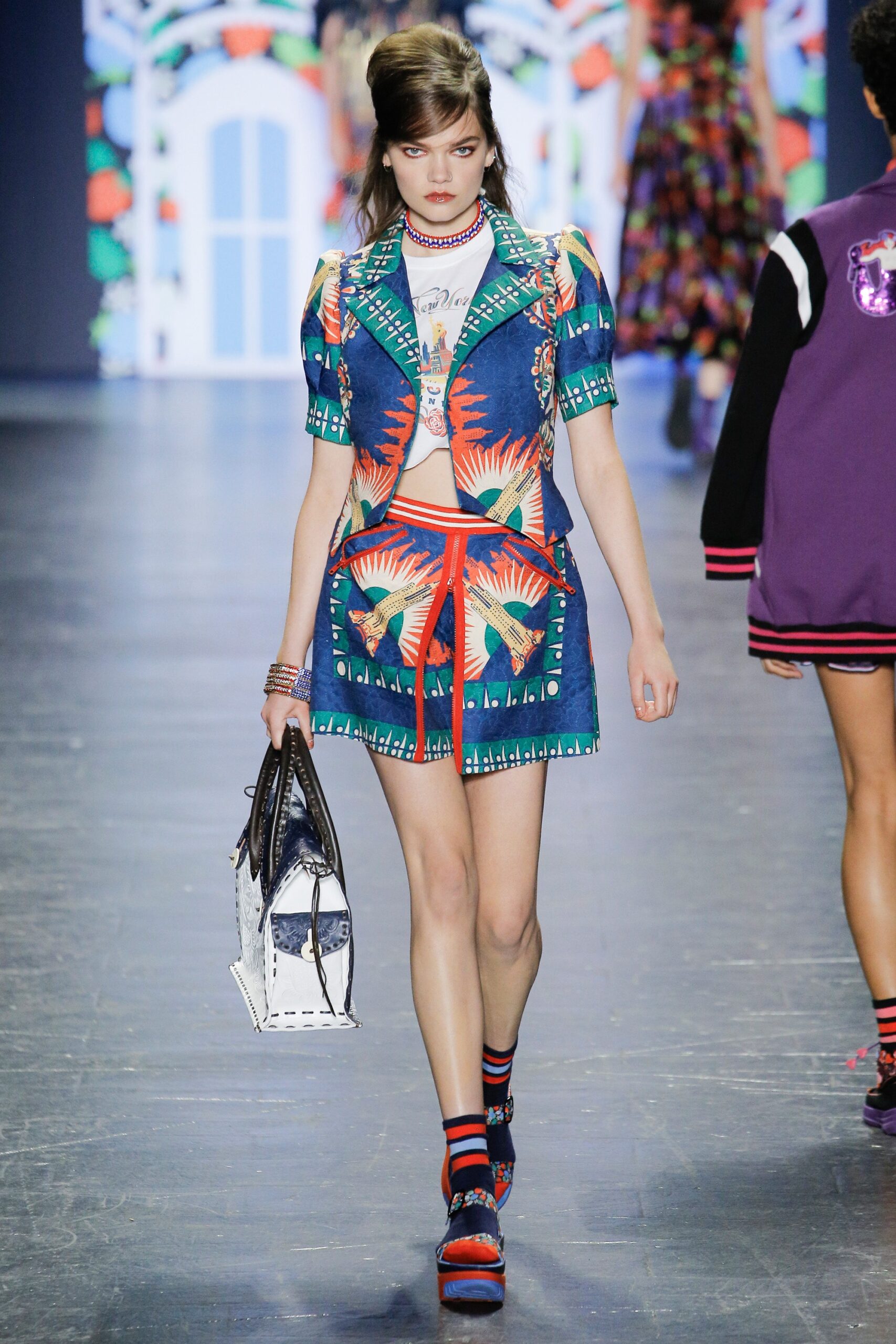blue printed mini dress with bag