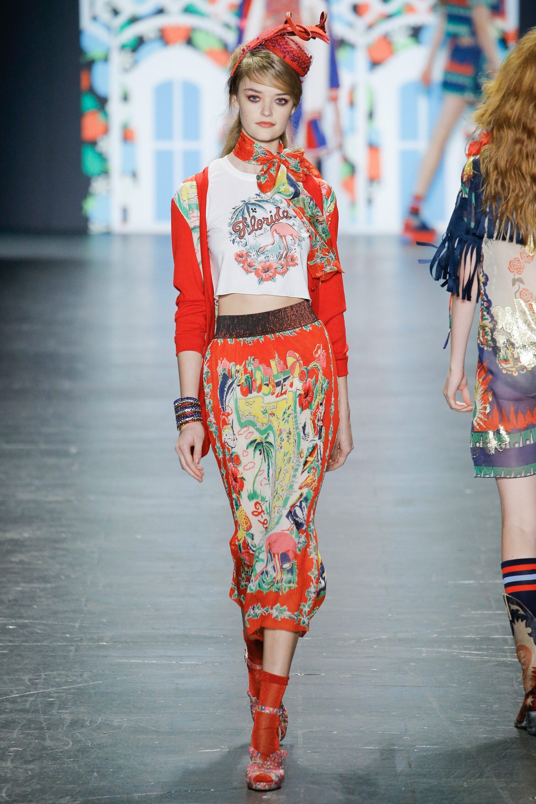 fitted white red printed top with midi skirt