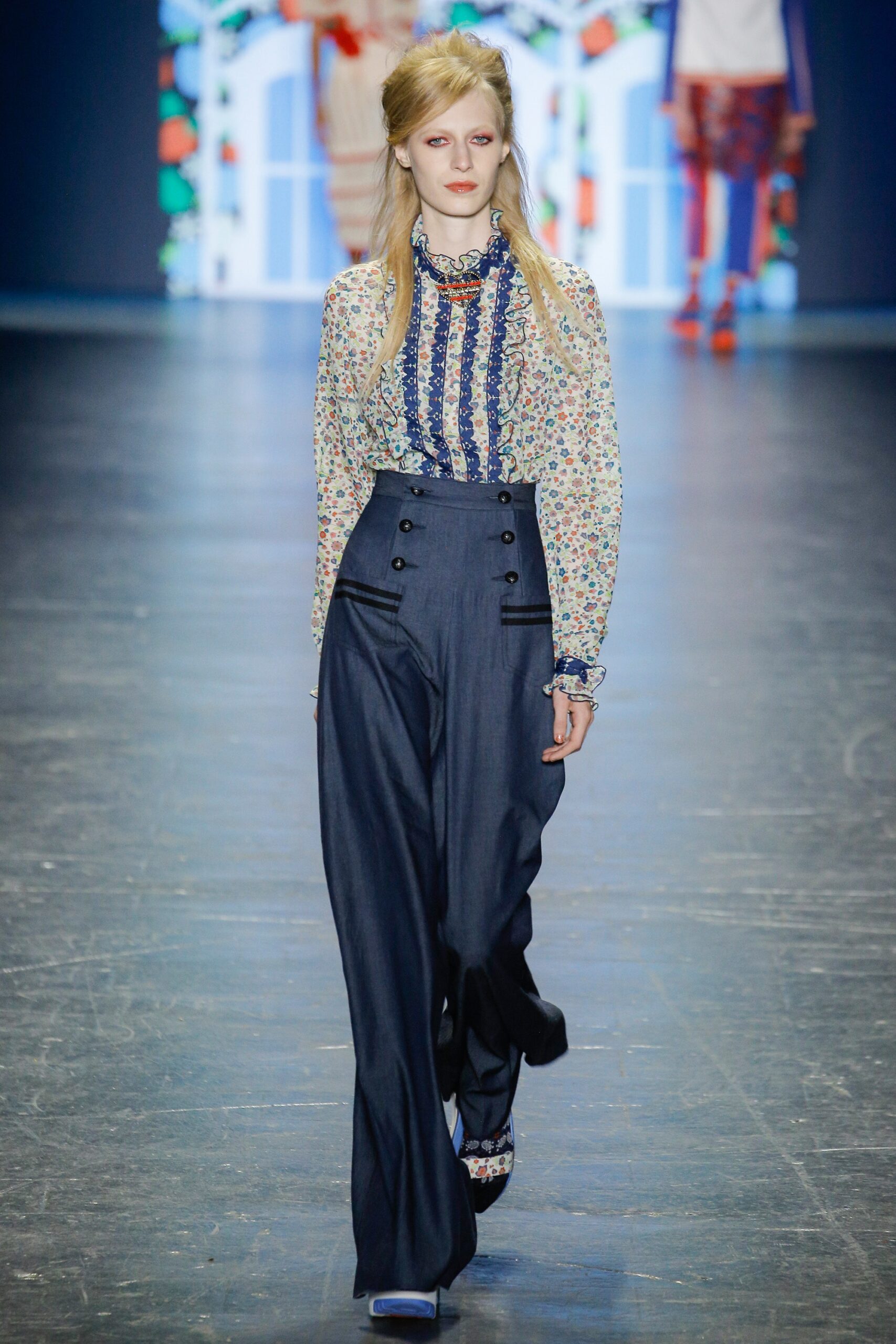 floral blouse with tailored pants