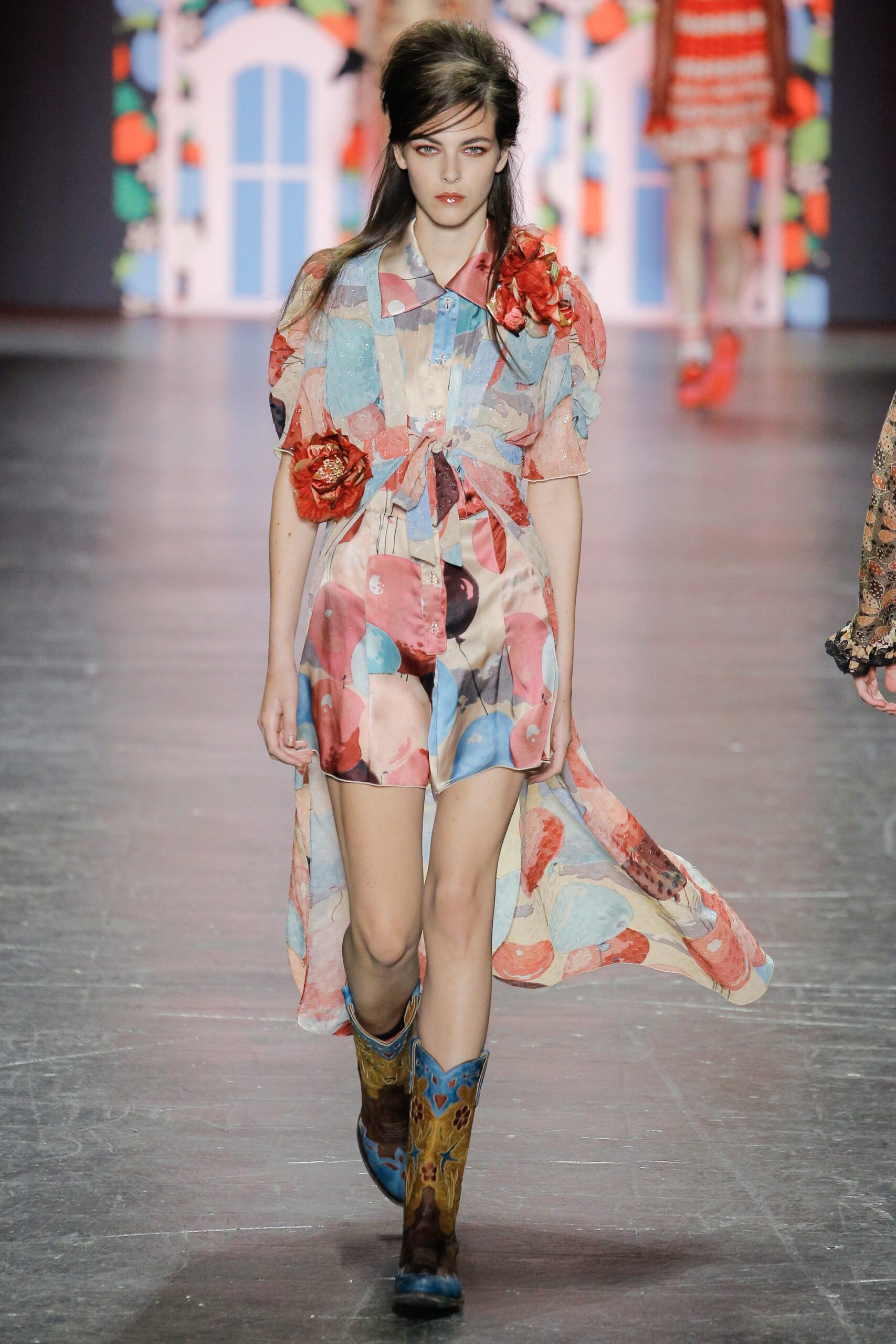 multi-colored relaxed midi dress with boots