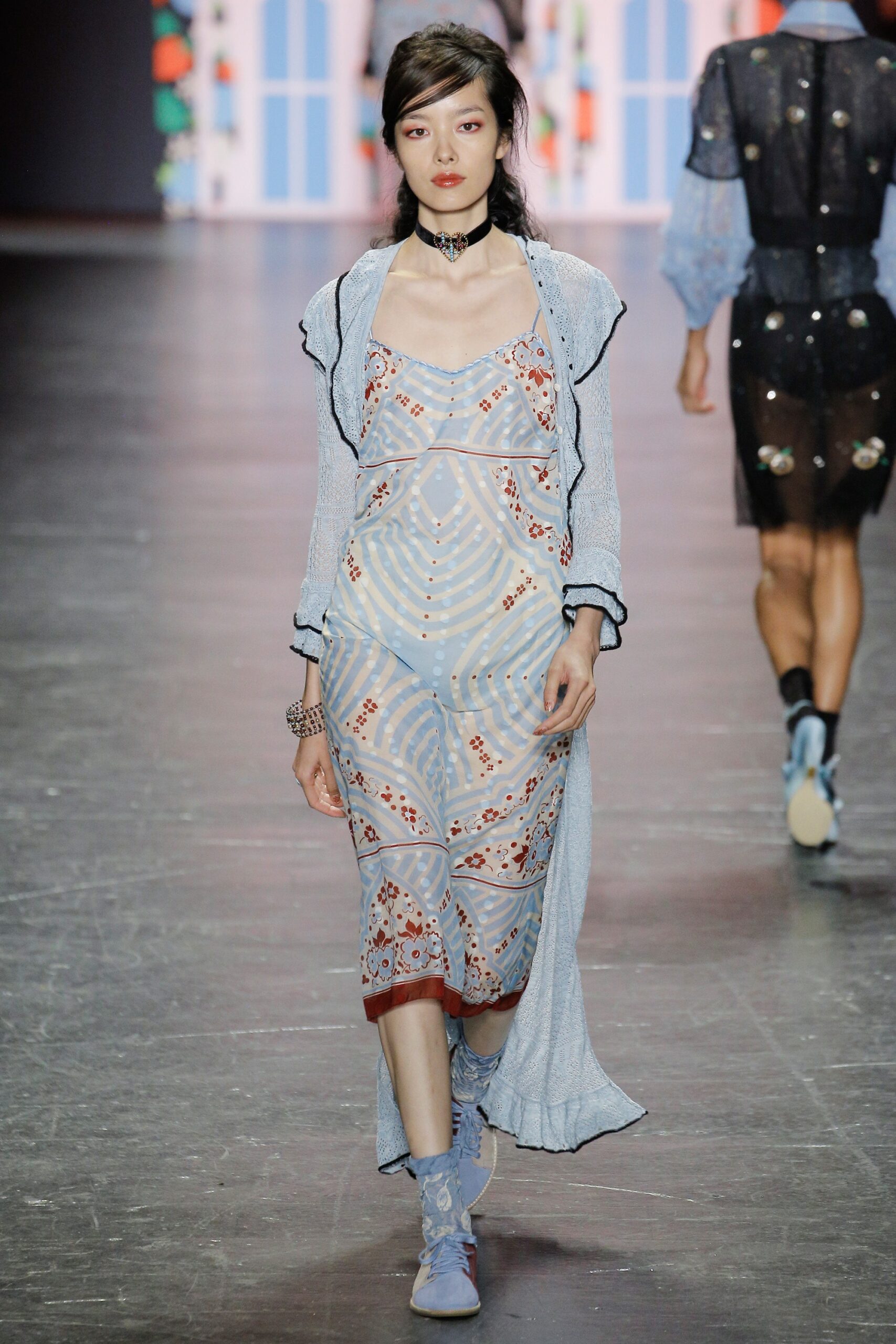 blue embroidered midi dress with lace coat