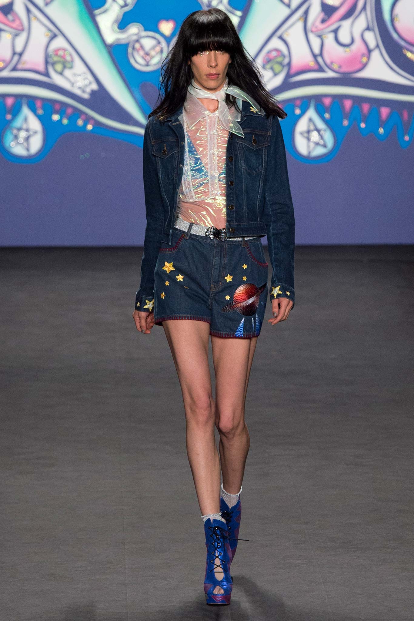 blue denim jacket with mesh top