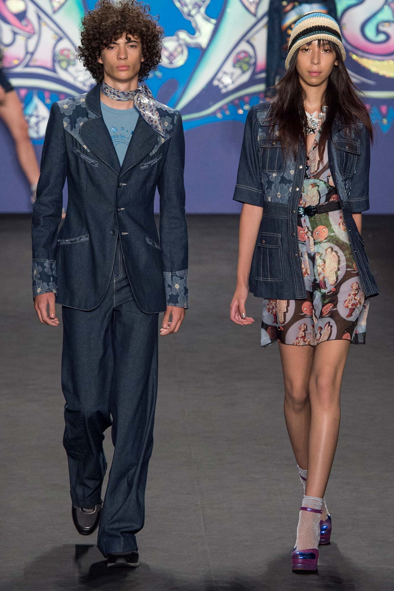 blue denim jacket and multi dress