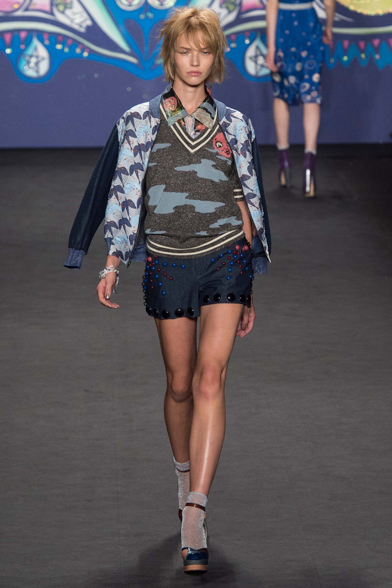 blue printed jacket gray sweater blue shorts