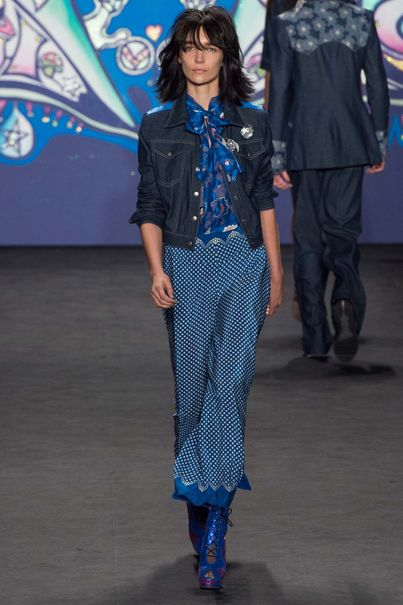 blue denim jacket and silk dress