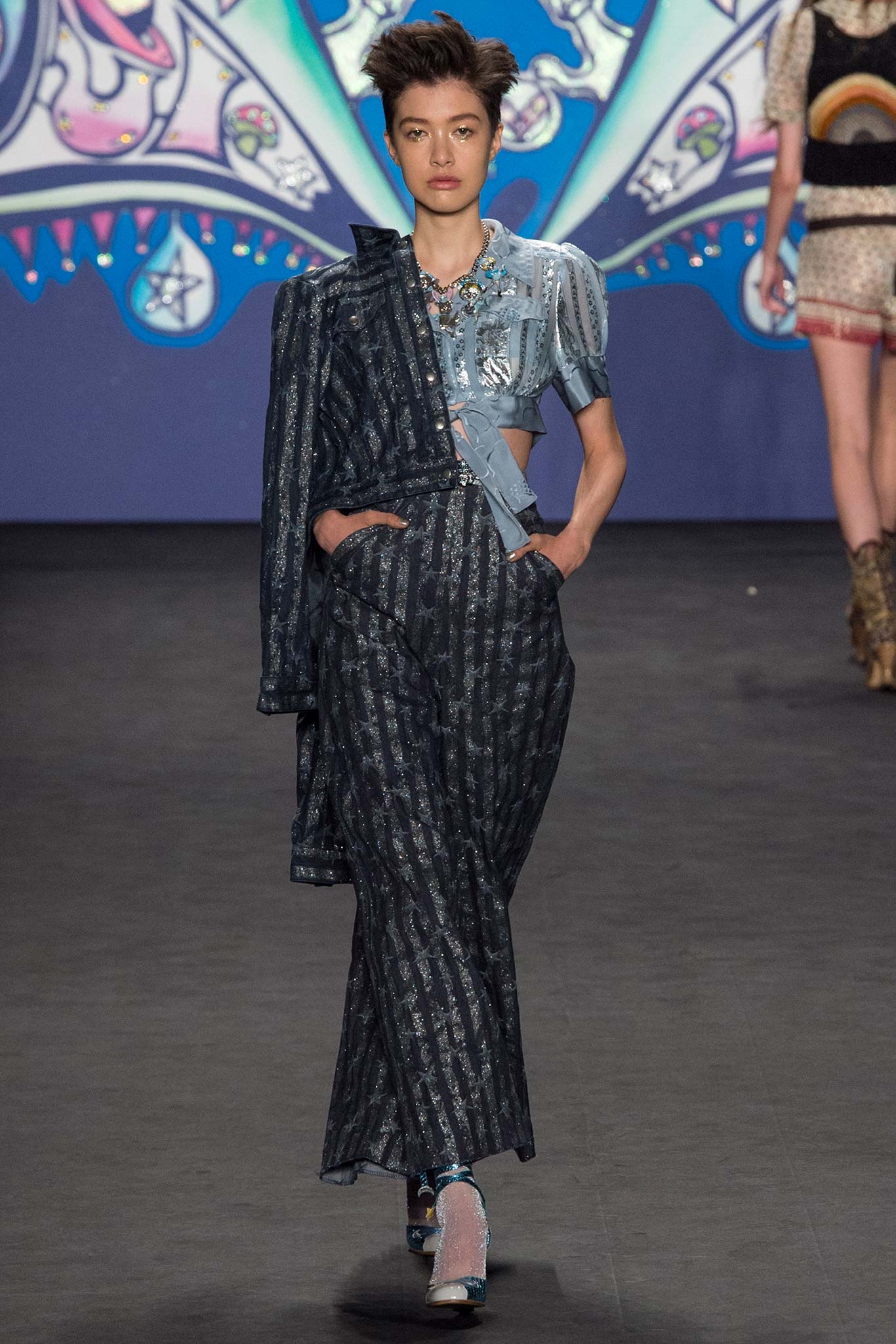 blue gray fitted jumpsuit and blazer