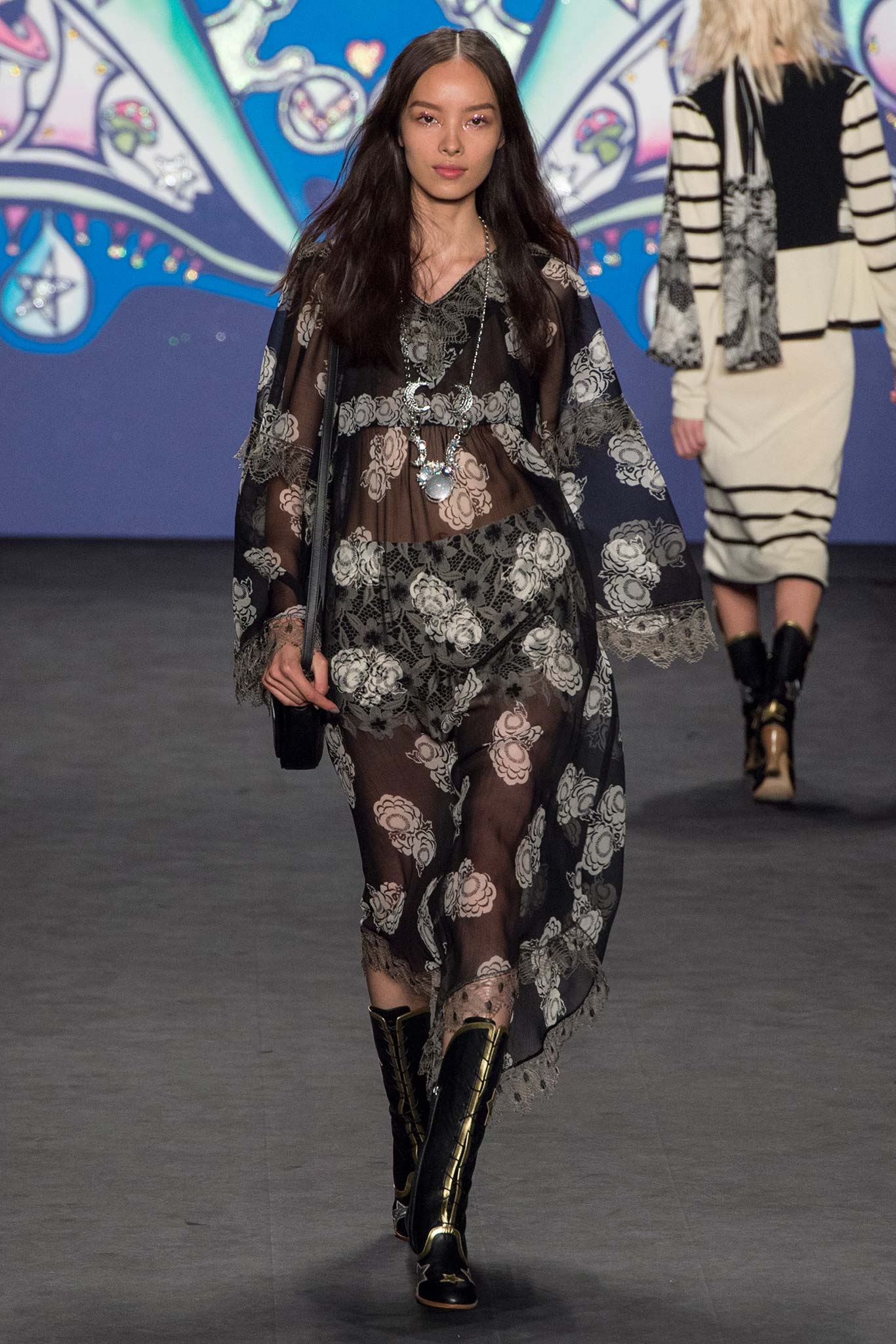 black floral midi dress with boots