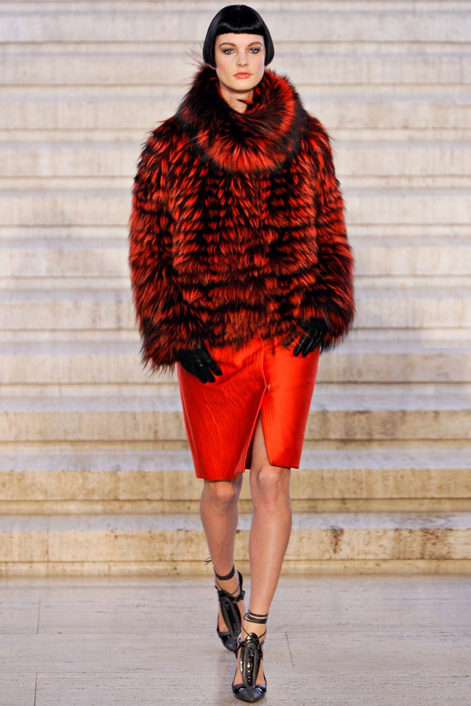 red fur coat with pencil skirt