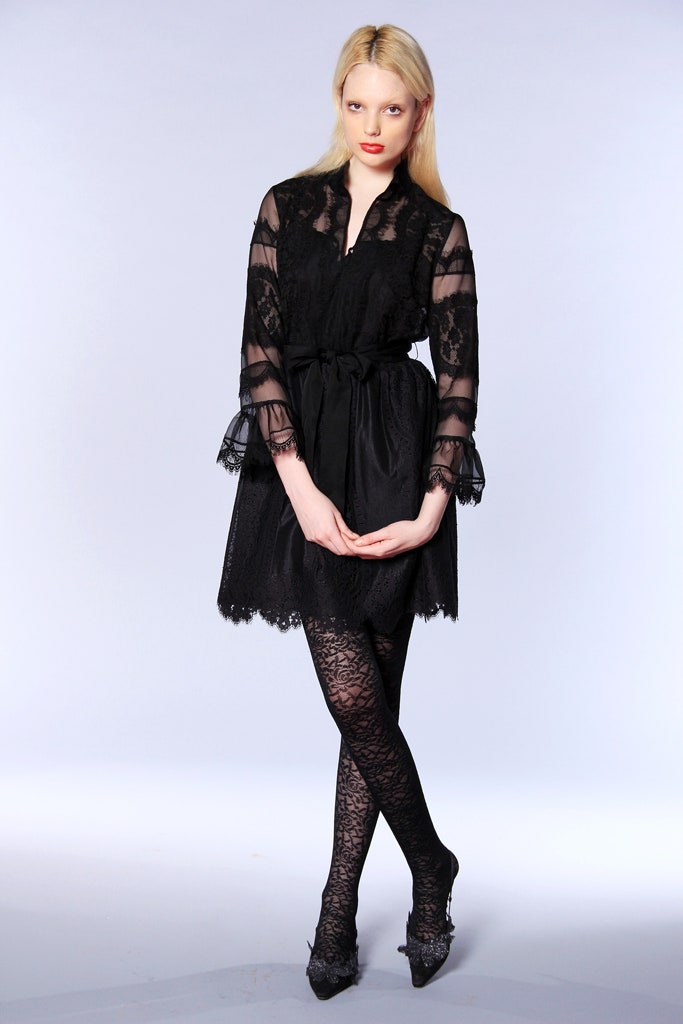 black lace long-sleeve collared fitted tiered ruffled dress