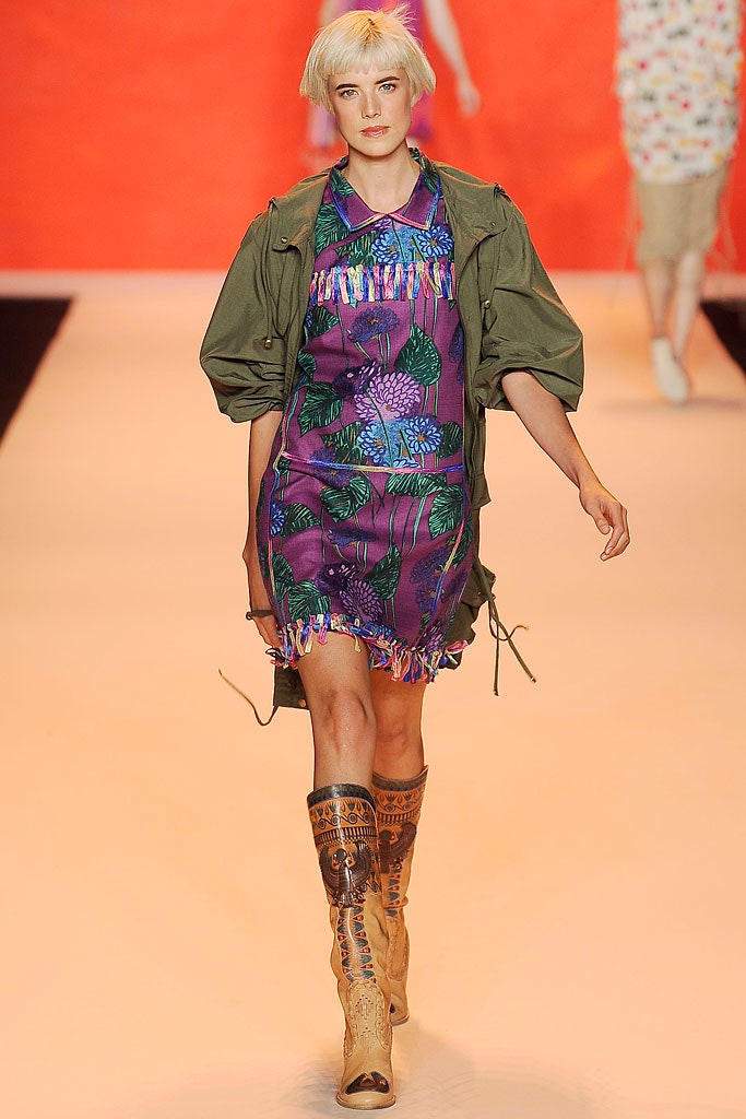purple printed dress with green jacket