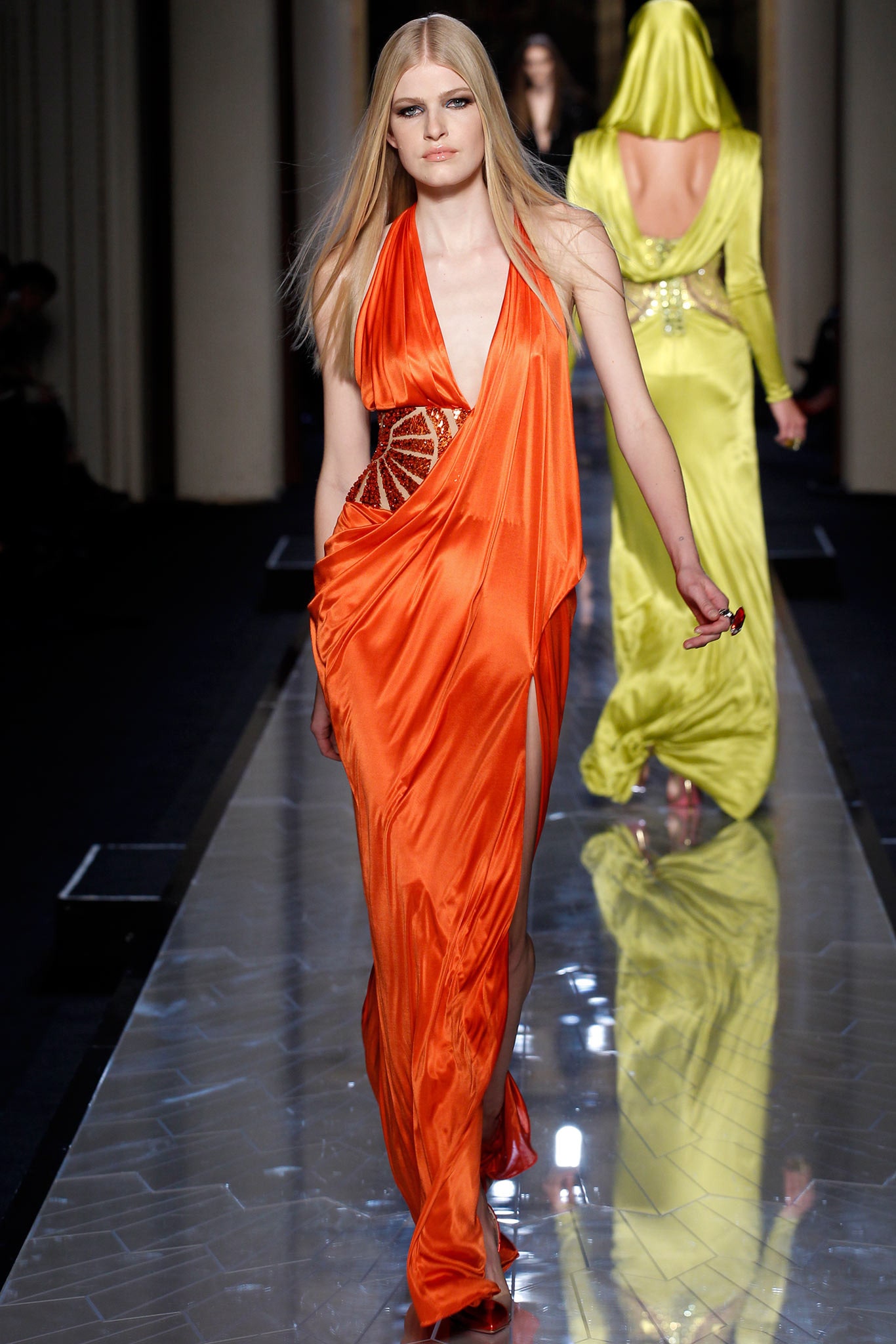 fitted orange silk dress
