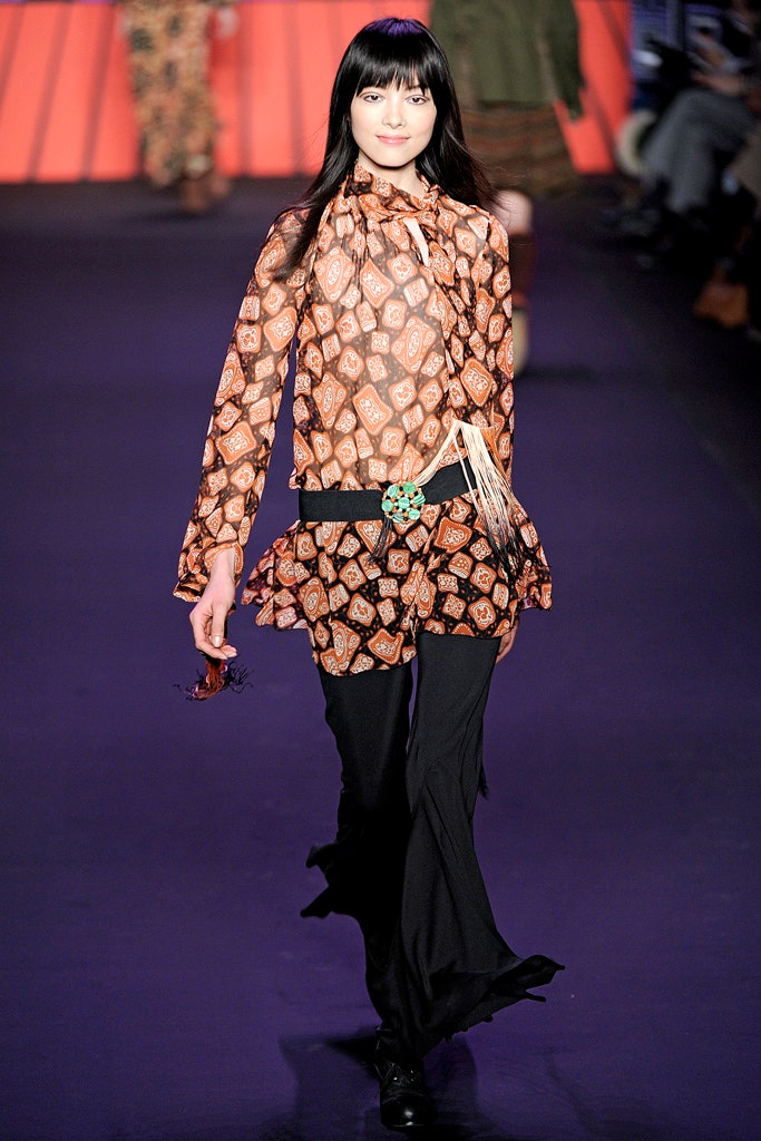 orange silk long-sleeve collared relaxed printed blouse