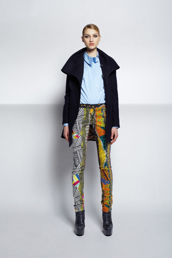 black coat blue shirt multi pants