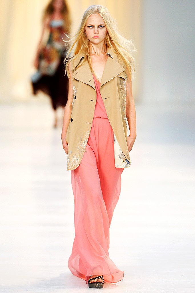 beige vest and pink maxi dress