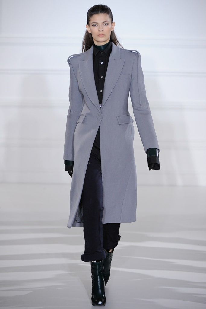 gray tailored coat with black shirt
