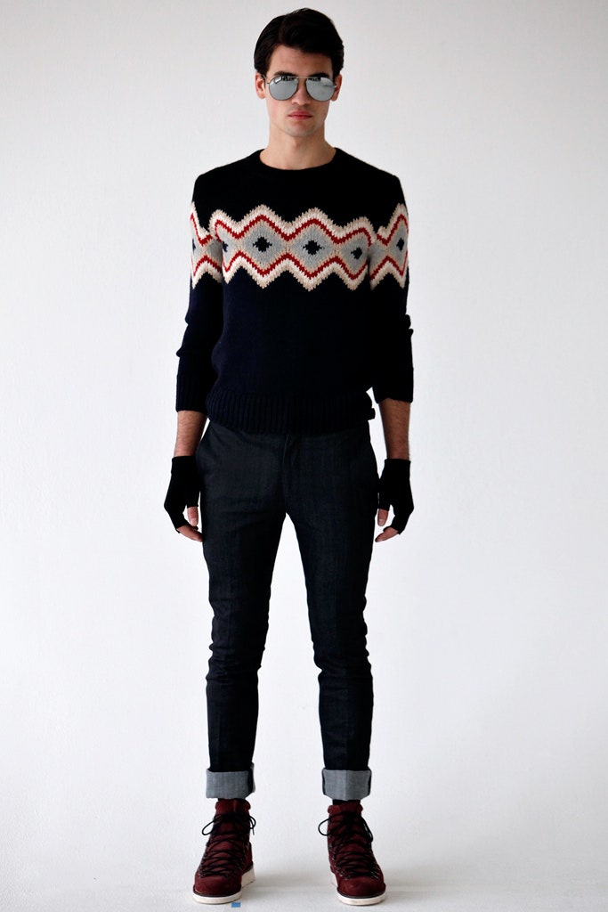 navy zigzag sweater with slim pants