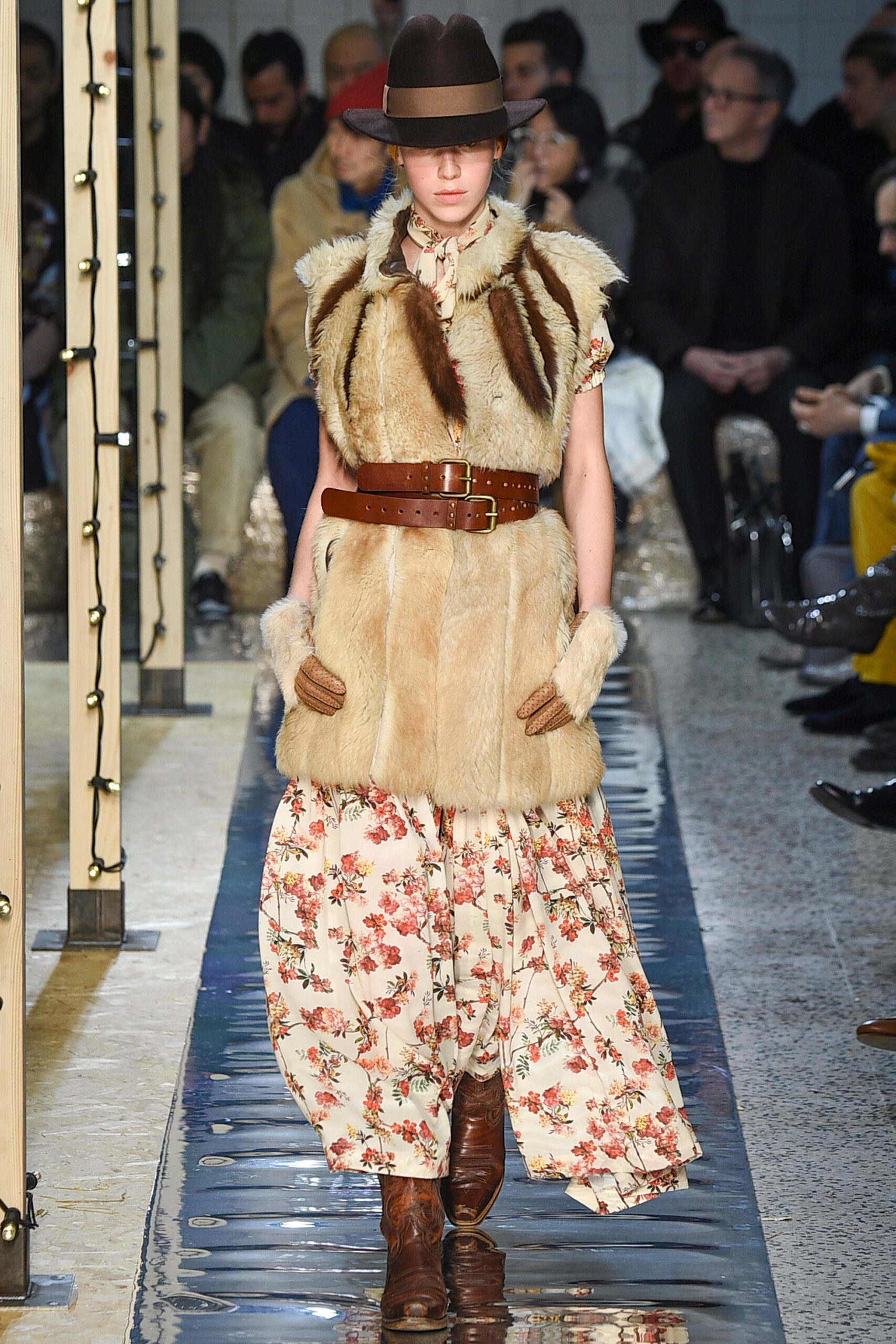 floral maxi dress with fur vest