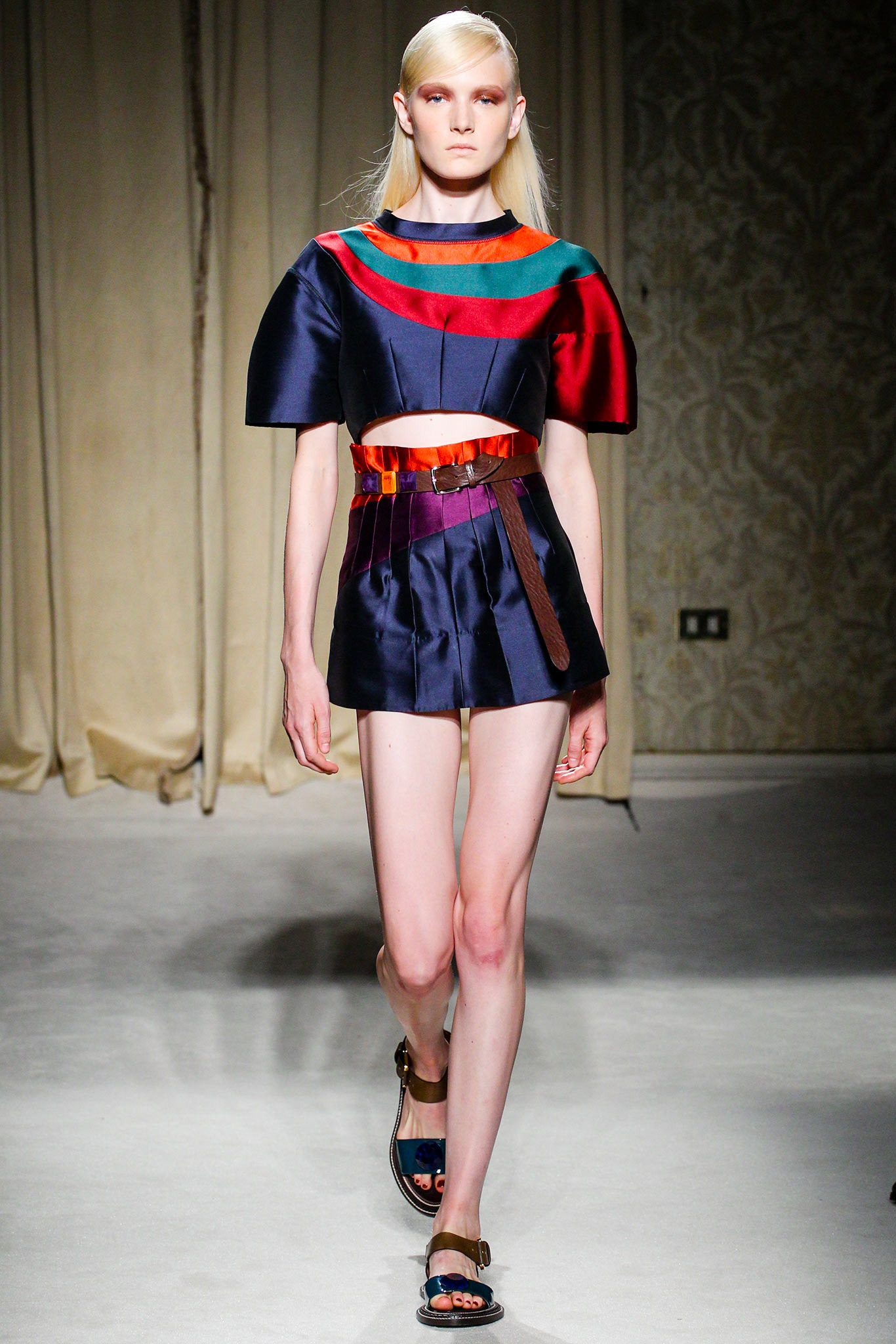 blue silk short-sleeve collared fitted color-blocked top