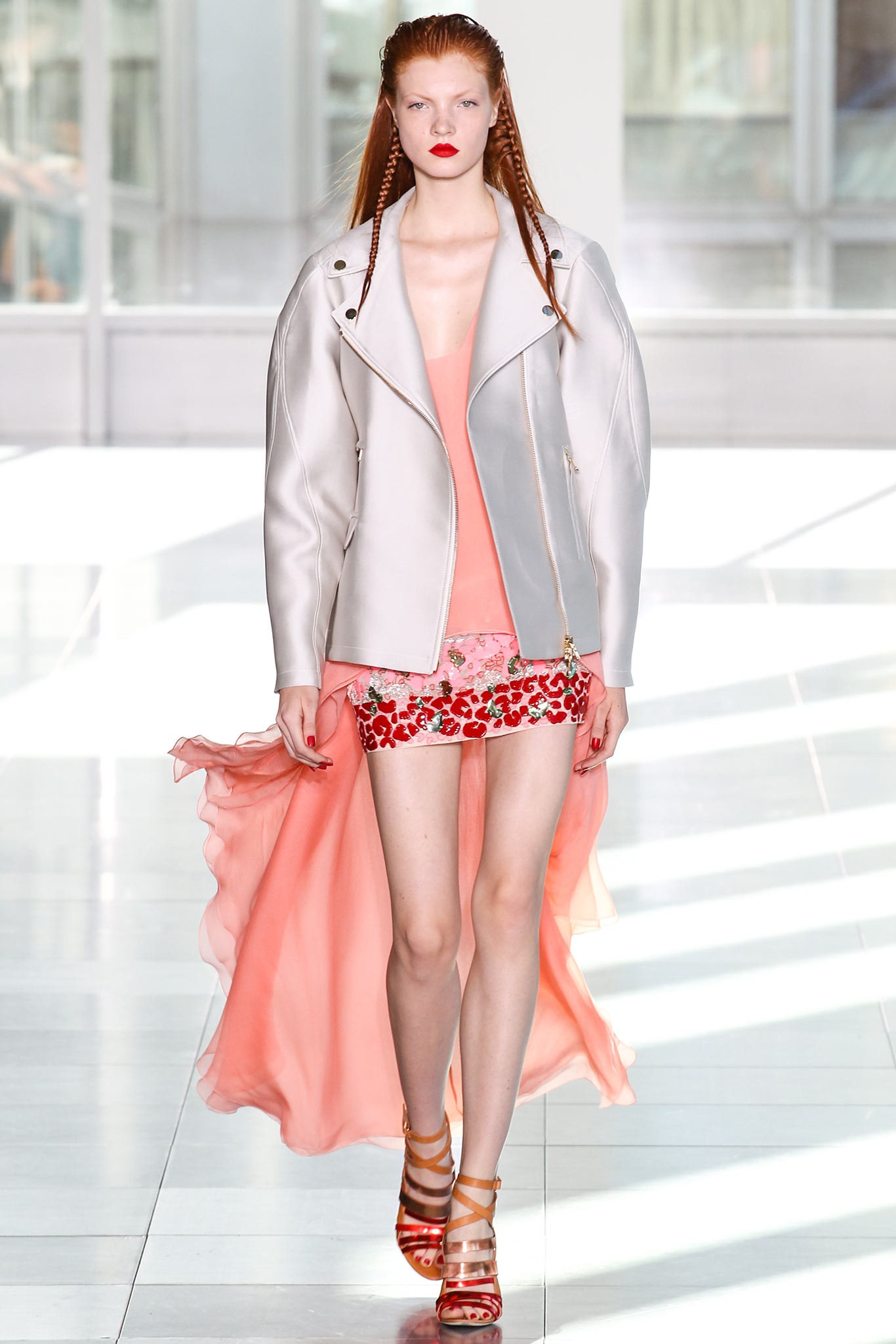 white leather fitted jacket and pink dress