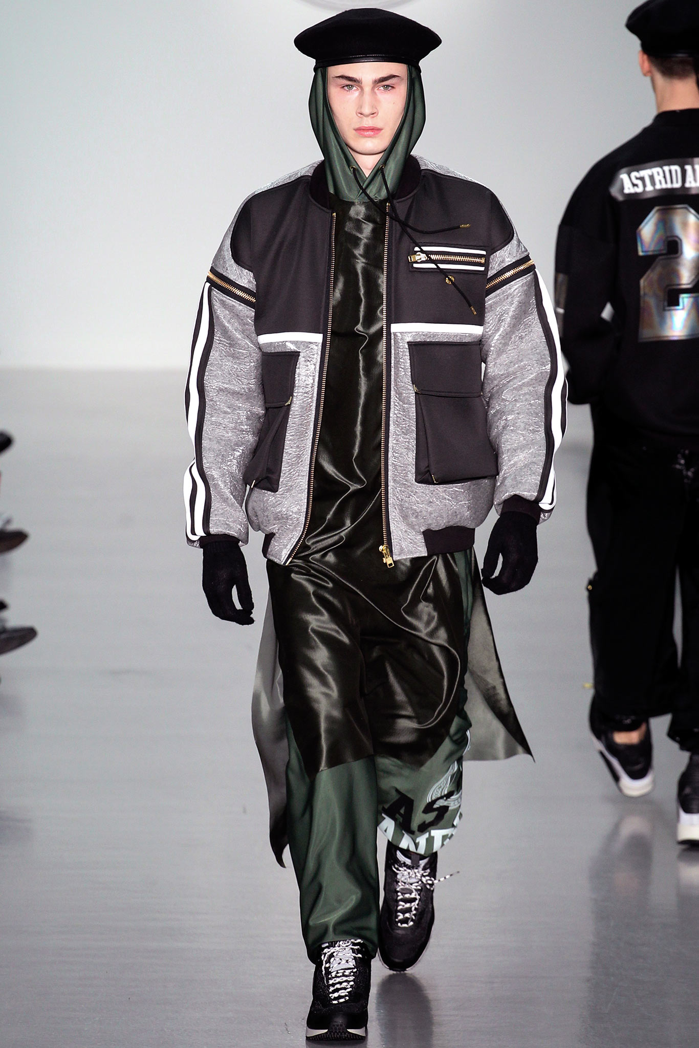 gray jacket green hoodie midi dress