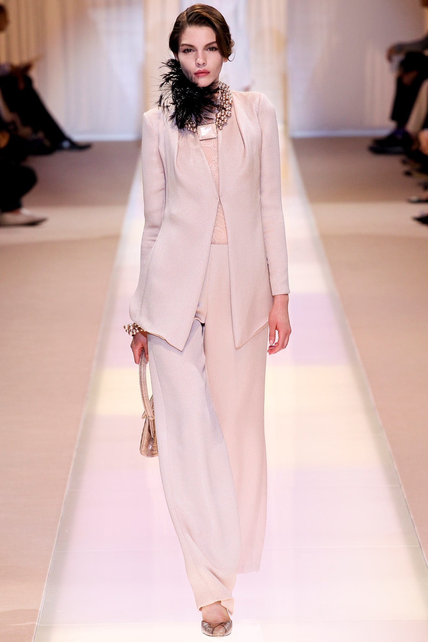 beige tailored suit with pink top