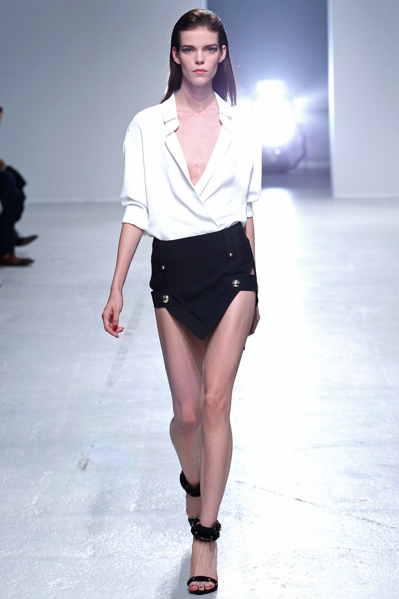 white fitted shirt and black asymmetric skirt