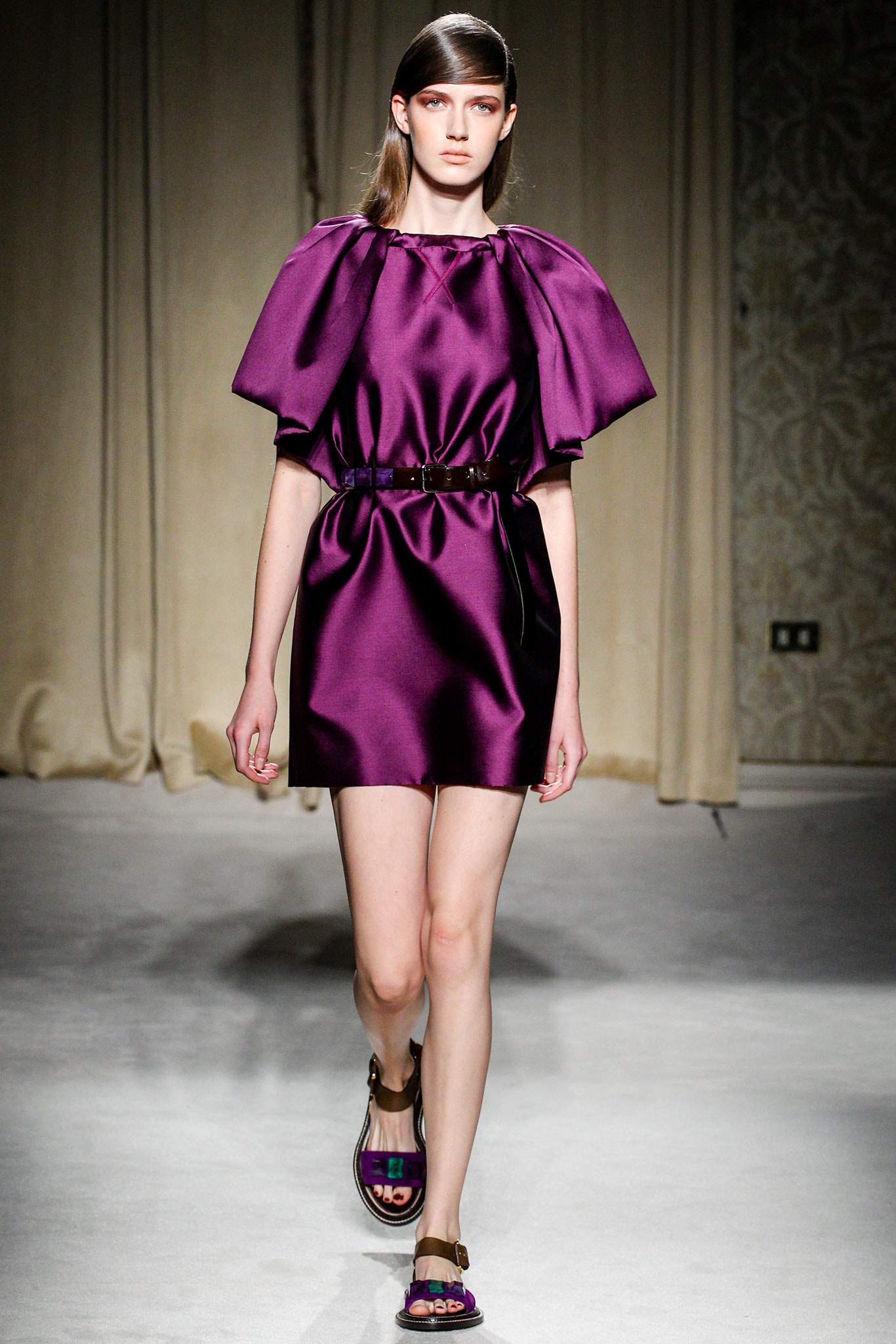 purple satin belted mini dress