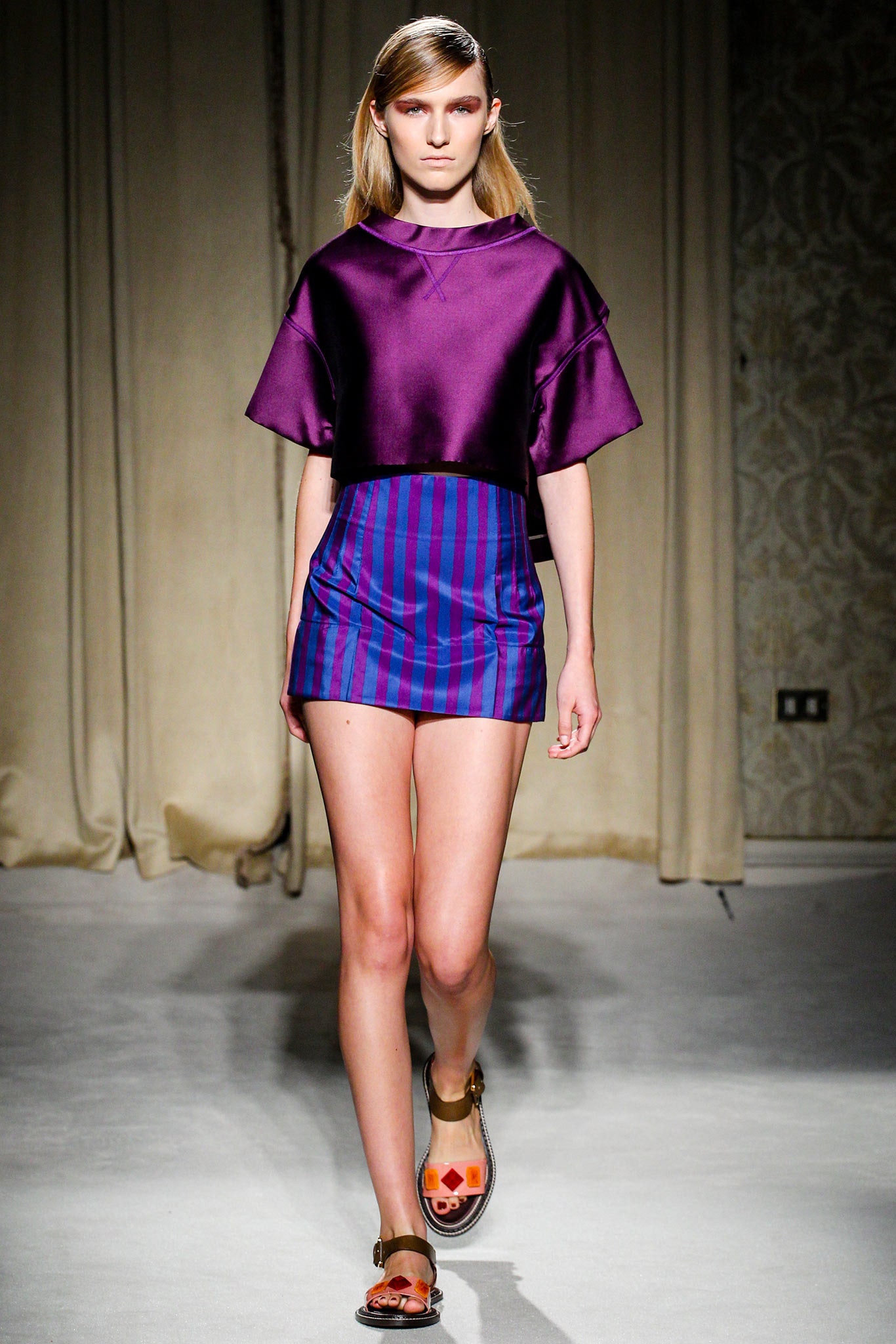 purple silk short-sleeve scoop-neck fitted layered top