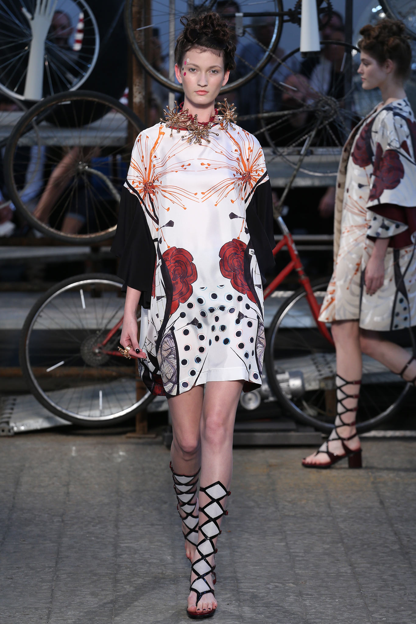 printed short dress with laced shoes