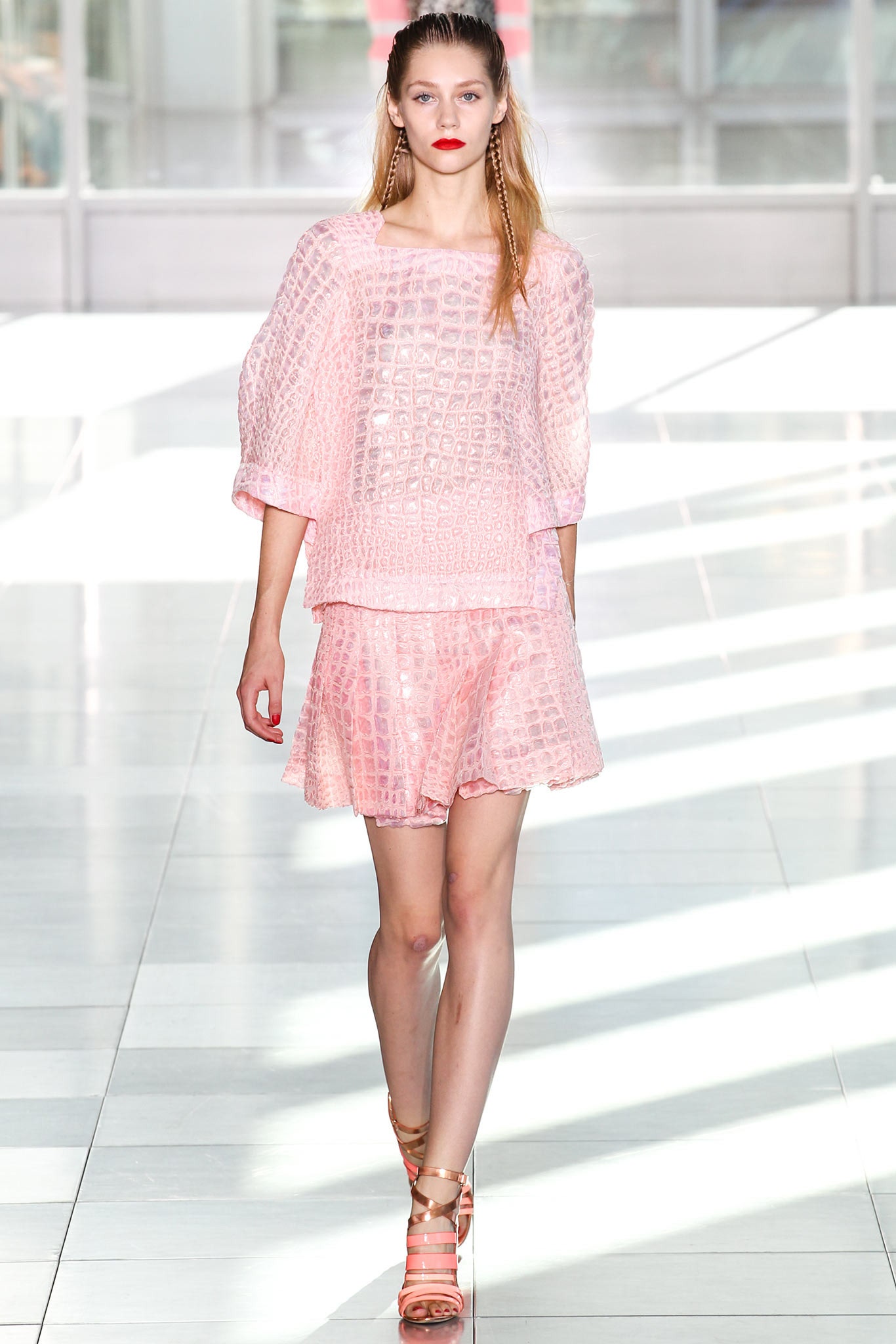 pink chiffon top and mini skirt