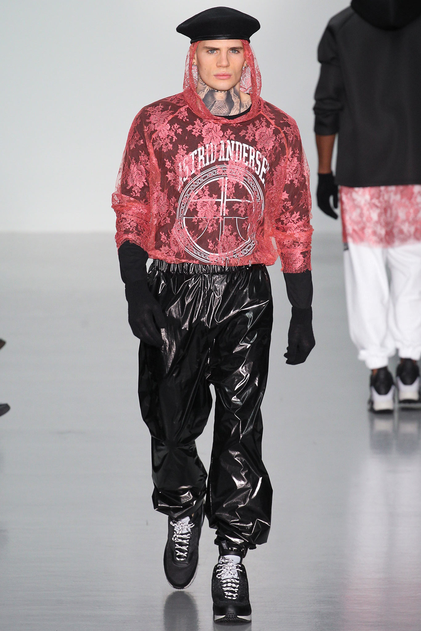 red lace hoodie with black vinyl pants