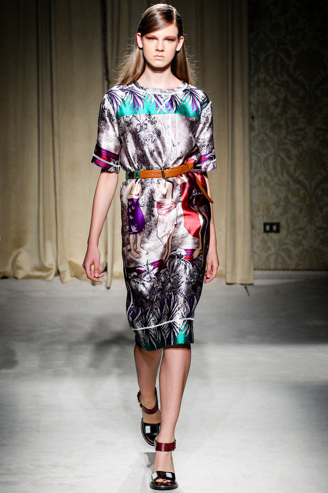 multi silk short-sleeve collared fitted printed midi dress