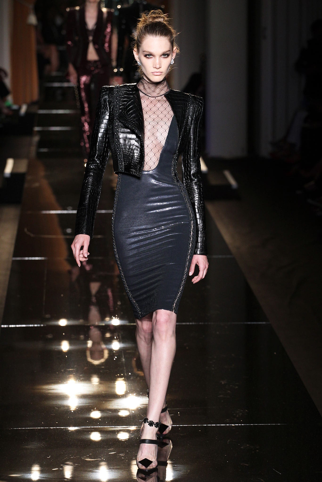 black leather fitted dress and jacket