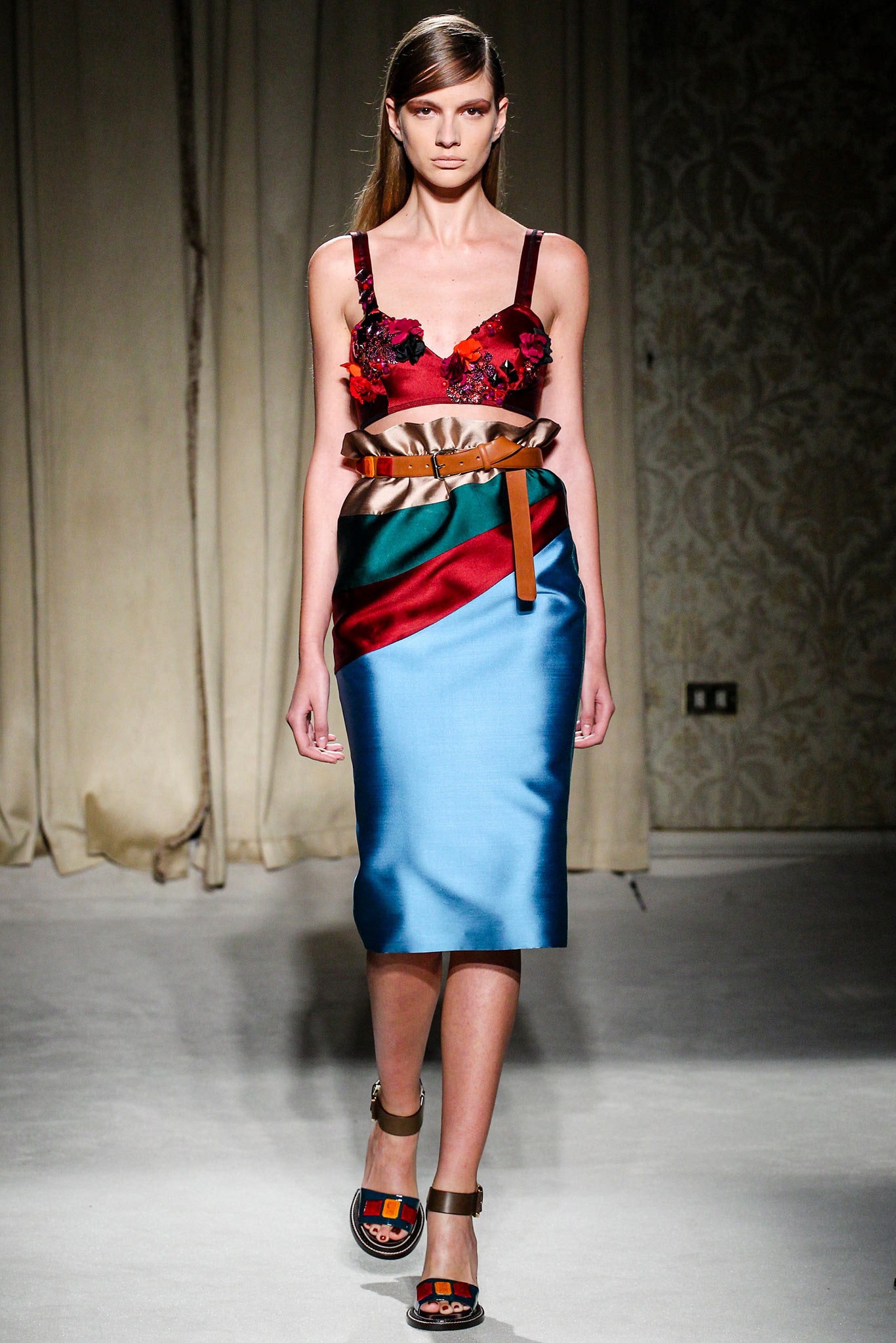 embroidered silk top and pencil skirt