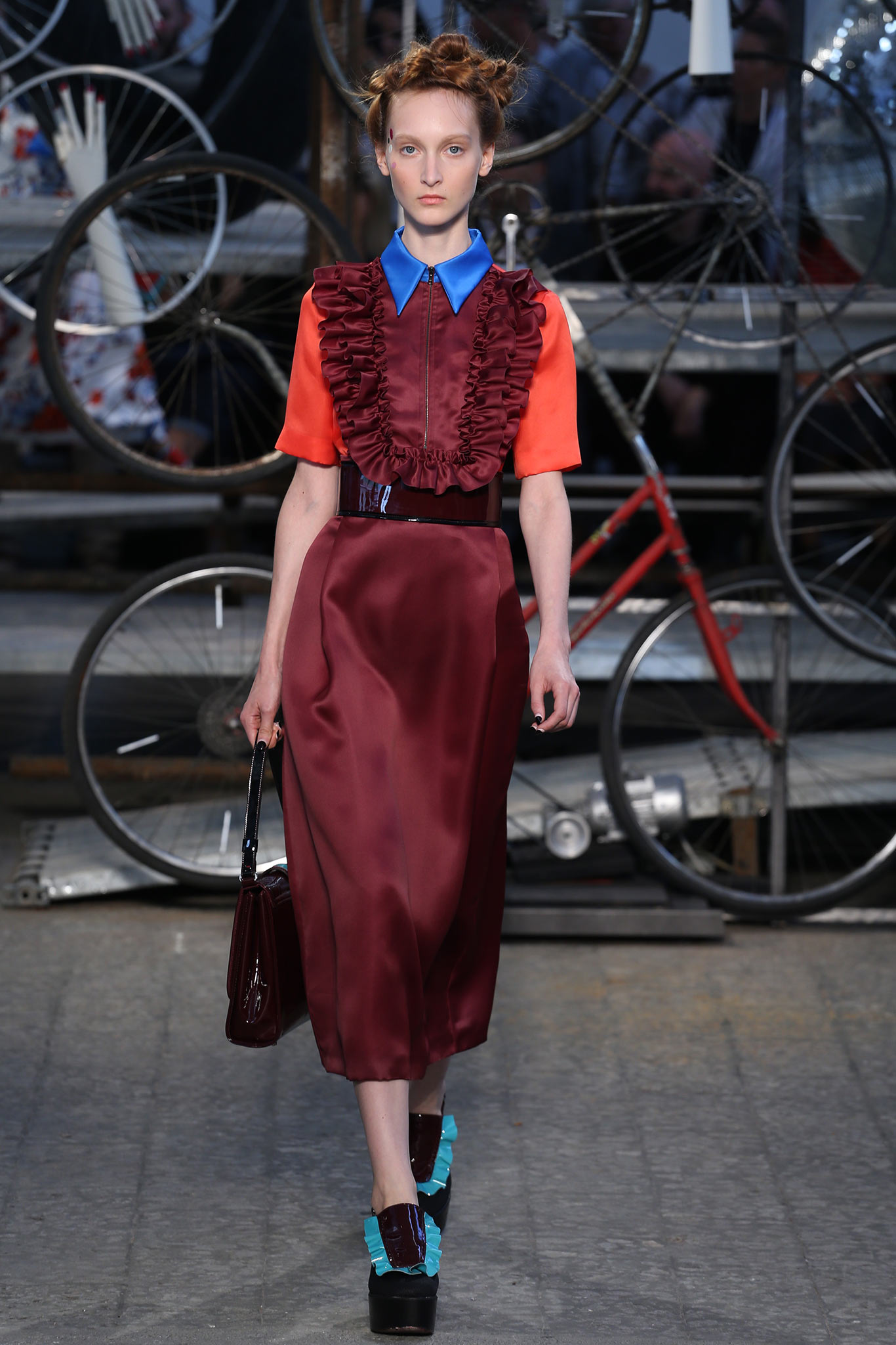 red and blue ruffled midi dress