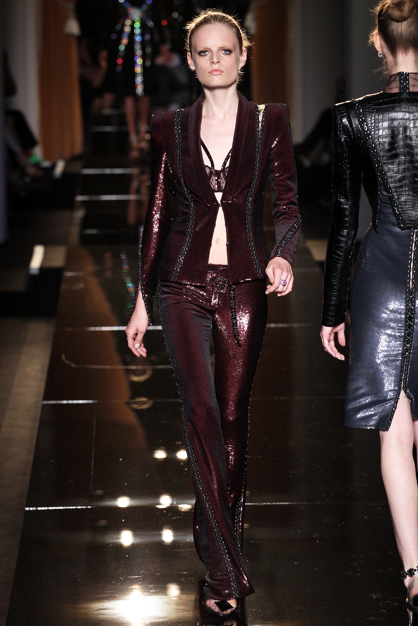fitted maroon sequined suit