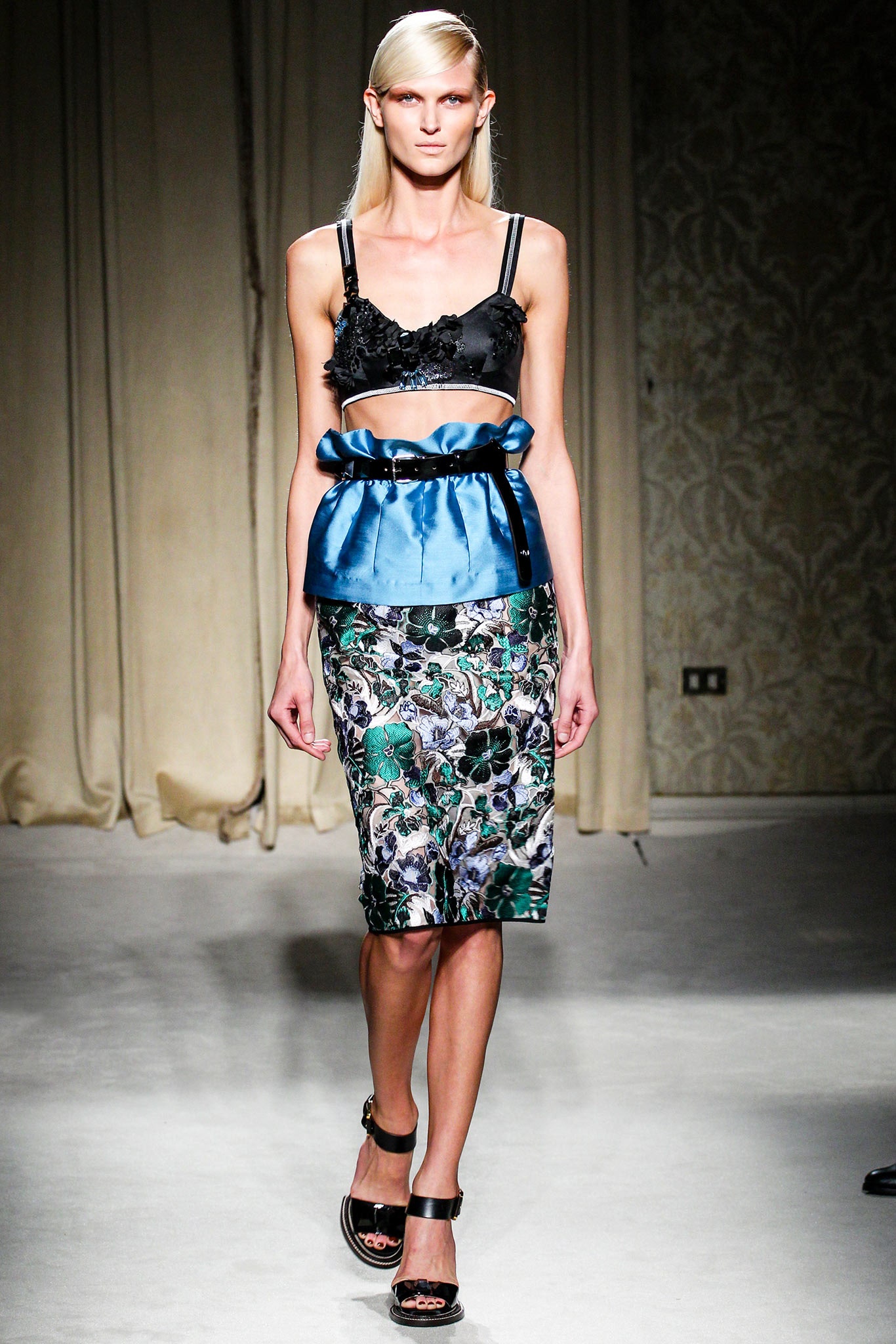 black silk sleeveless v-neck fitted ruffled short crop-top