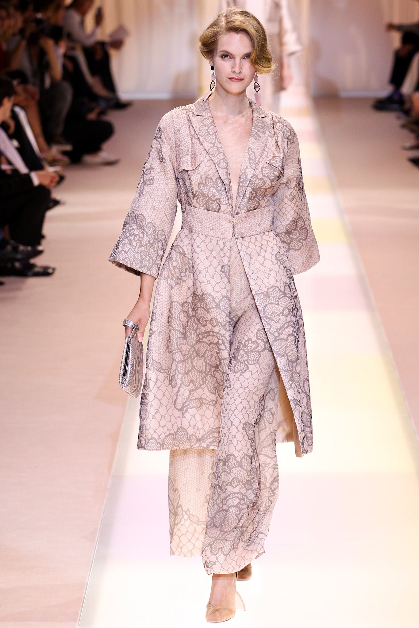 beige silk long-sleeve v-neck fitted embroidered layered dress